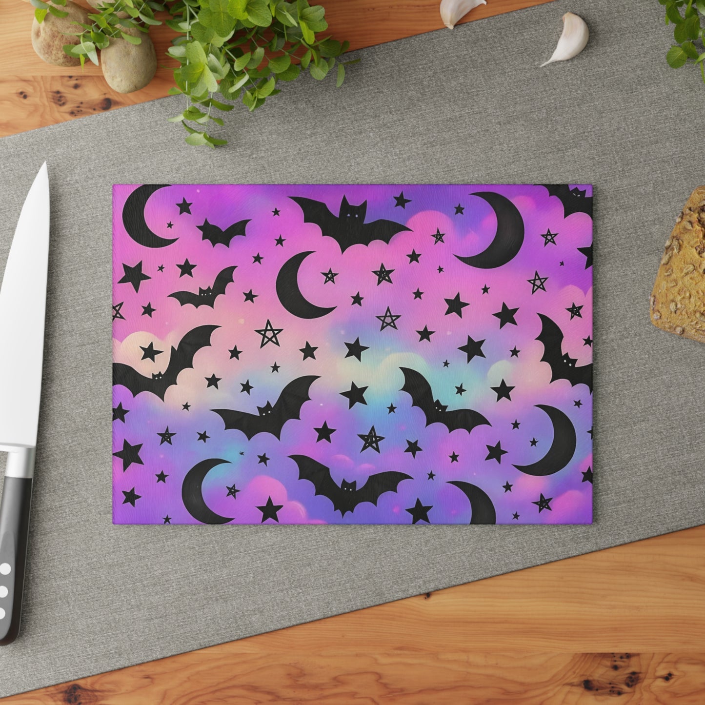 🦇 Pastel Halloween Sky Cutting Board – Spooky Cute Bats & Moons on Dreamy Clouds