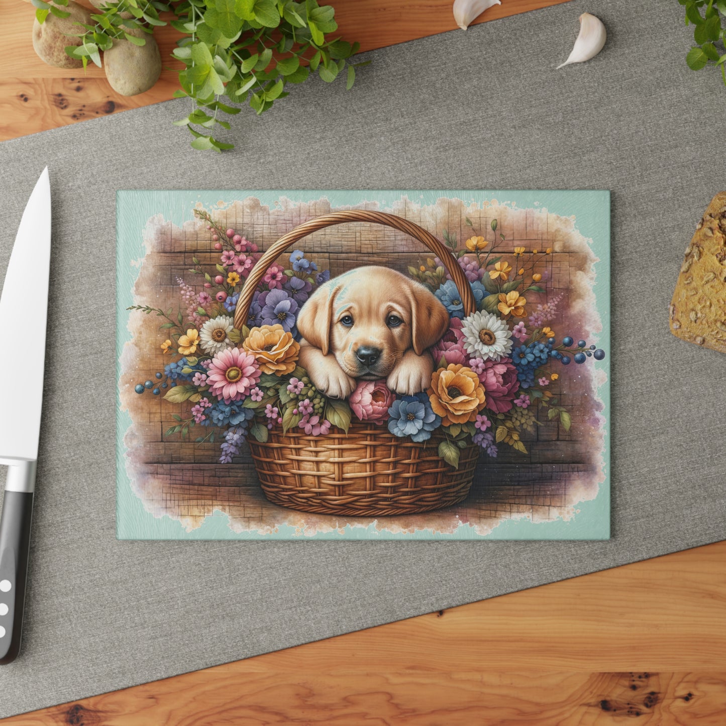 🐾🌼 Yellow Labrador Puppy in Basket Cutting Board – Rustic Charm with Floral Elegance 🌸