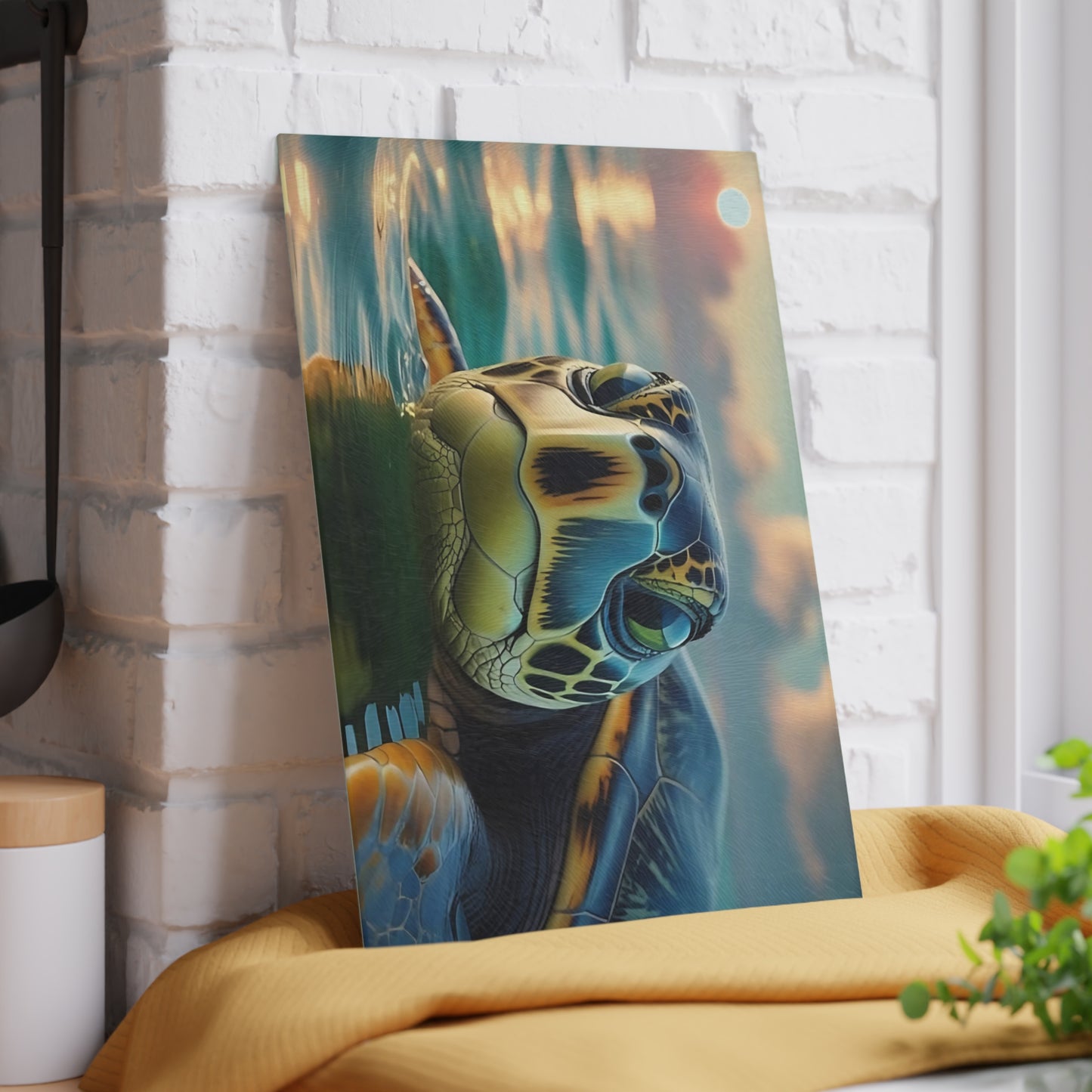 Tabla de cortar de vidrio con diseño de tortuga marina | Decoración de cocina con ambiente costero y oceánico