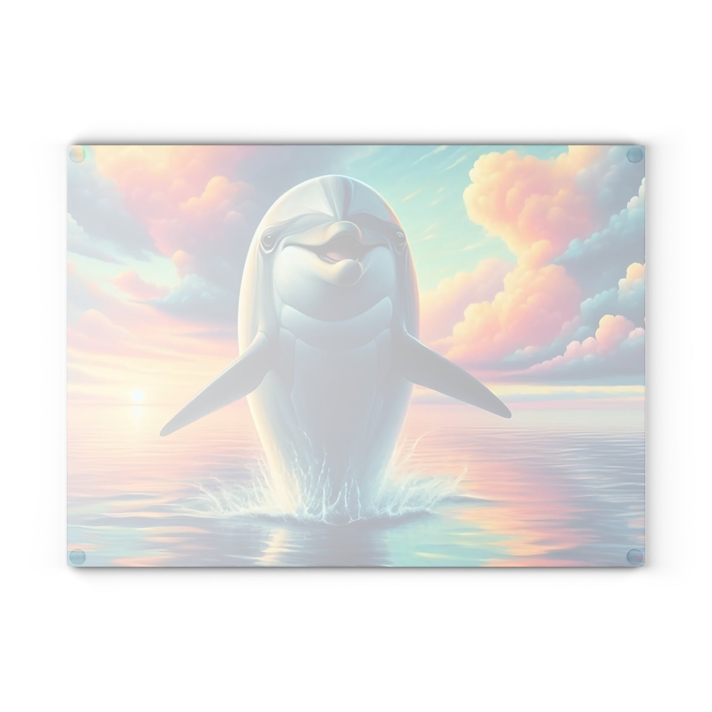 Happy Dolphin & Rainbow-Colored Clouds Glass Cutting Board – Whimsical Ocean Kitchen Art
