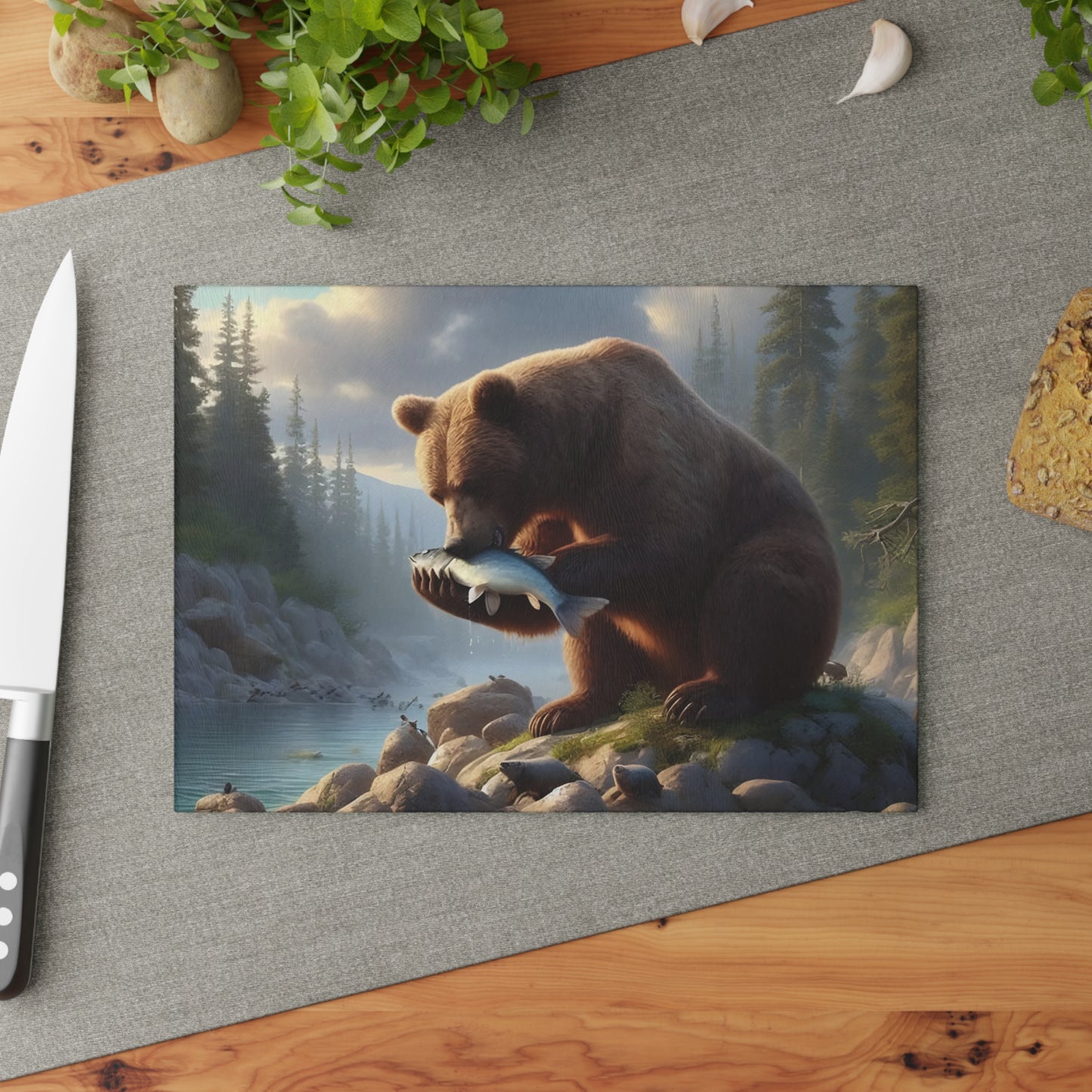 🐻🌲 Bear & Salmon River Cutting Board – Nature’s Wild Elegance for Your Kitchen 🌲🐻