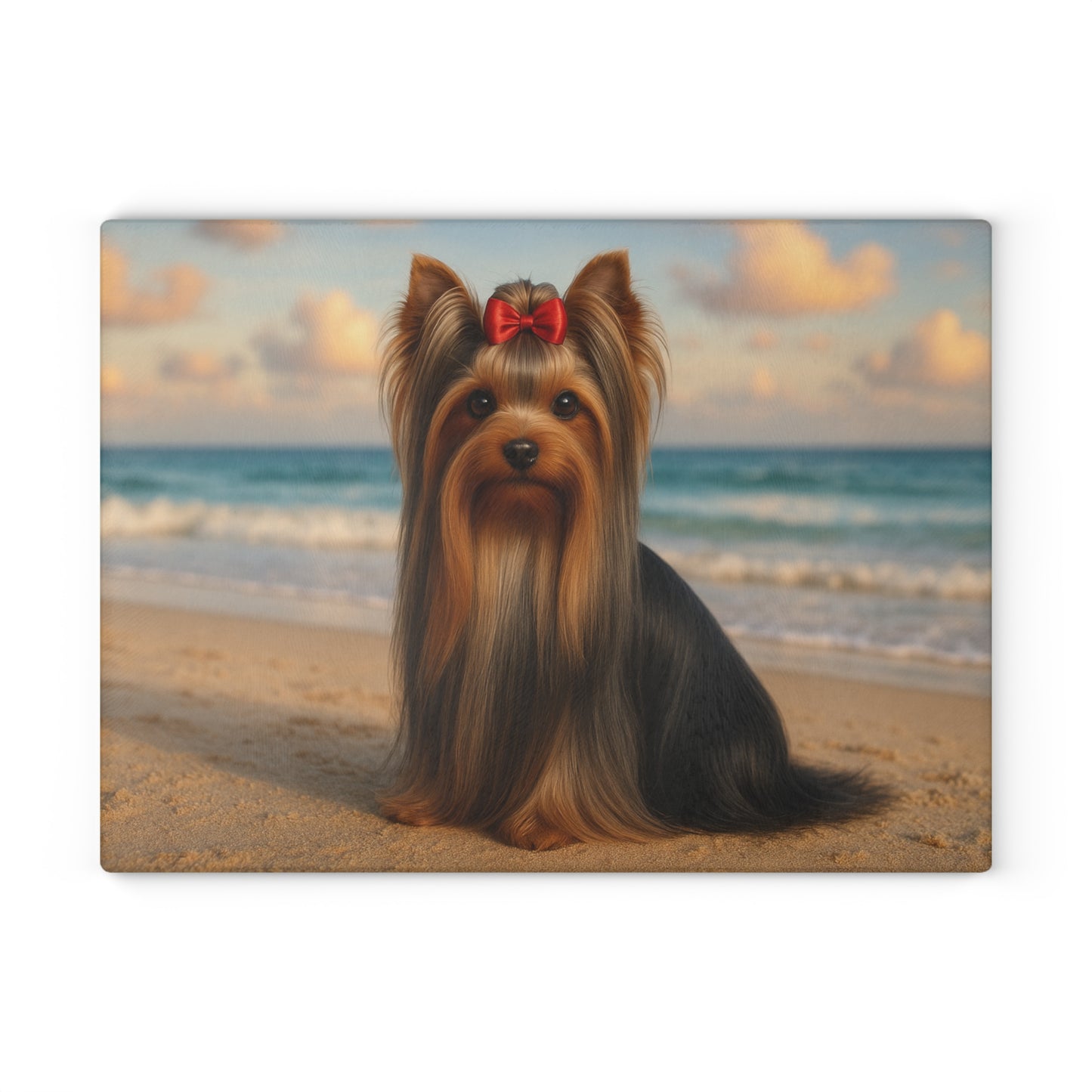 🐾🌊 Yorkie at the Beach Cutting Board – Coastal Glamour for Your Kitchen 🌴