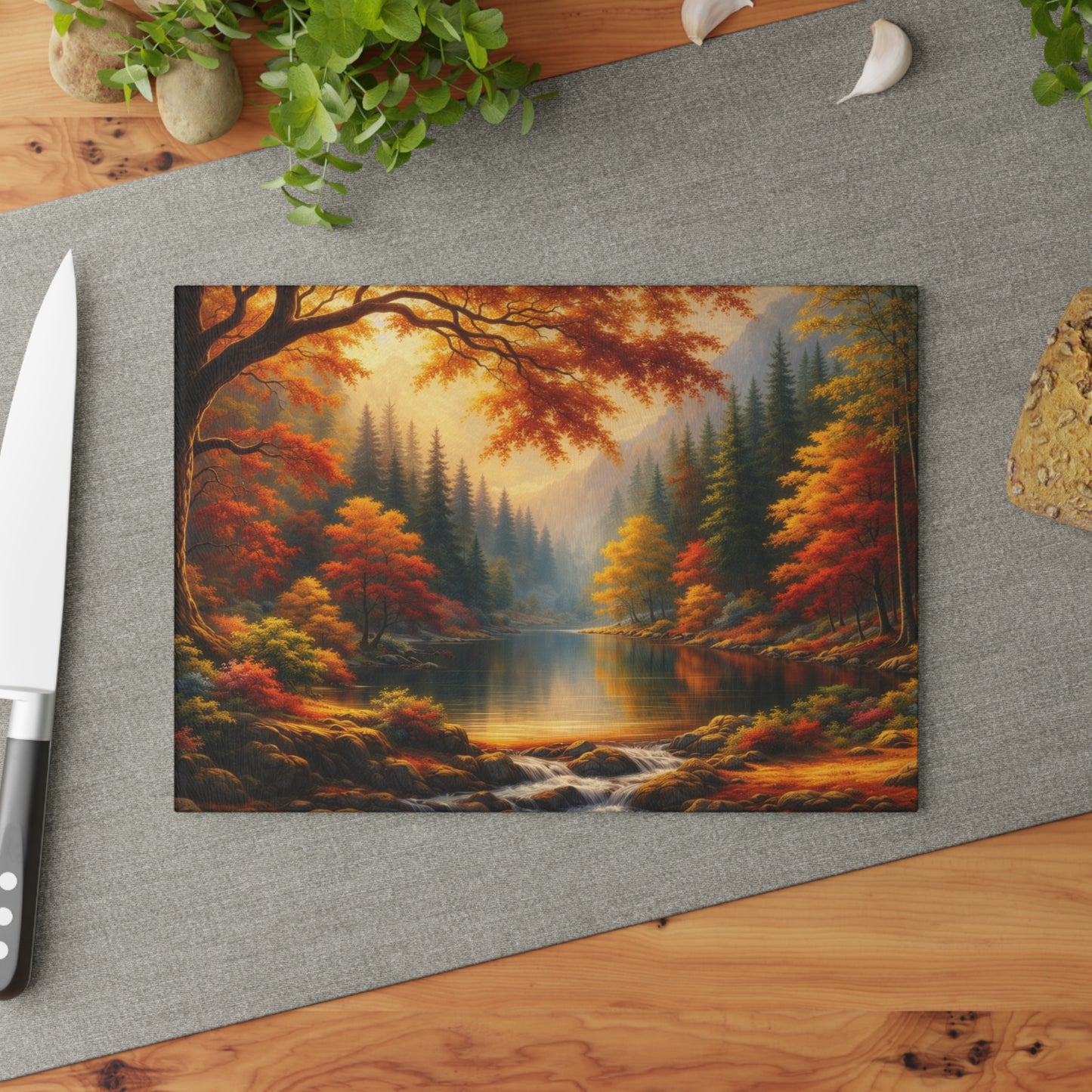 Autumn Forest Lake Glass Cutting Board – Warm Fall Landscape Kitchen Art