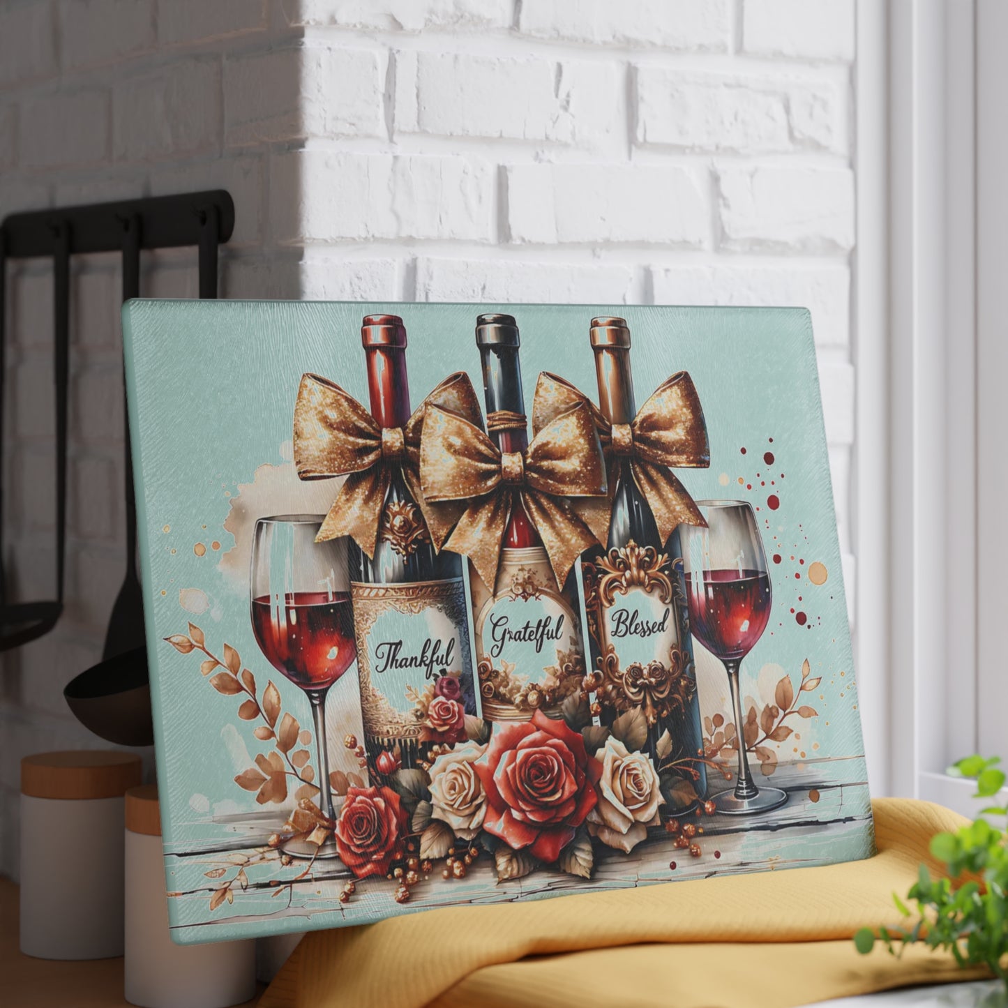 🍷 Thankful, Grateful, Blessed Wine Bottle Cutting Board – Elegant Holiday Kitchen Décor