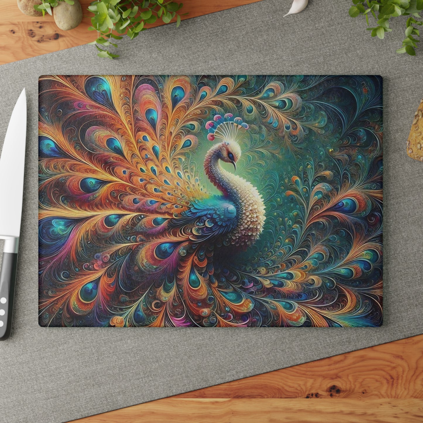 Peacock cutting Board, Tempered Glass Cutting Board, Charcuterie Board, Chopping Board, Housewarming Gift Custom, cutting board