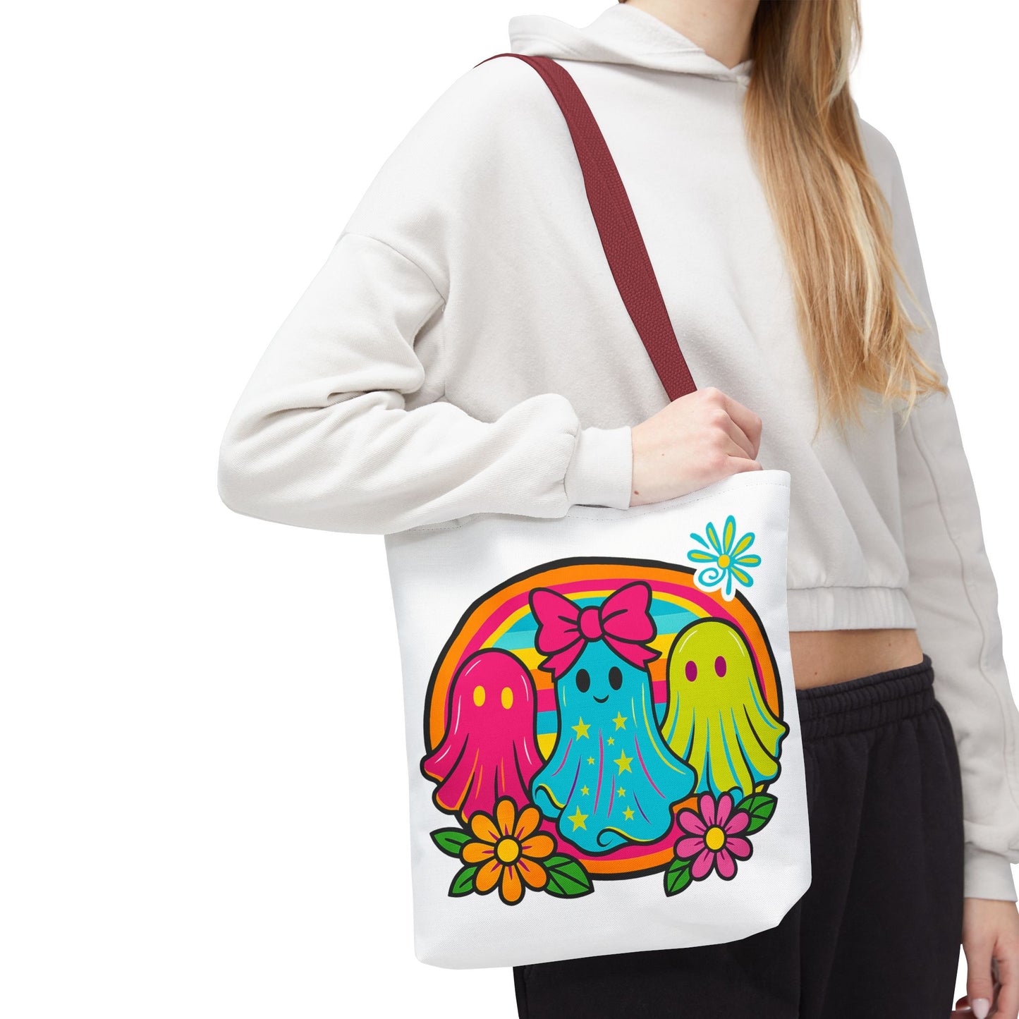 ๐ Retro Rainbow Ghosts Tote Bag โ Groovy Spooky Fun ๐ป๐