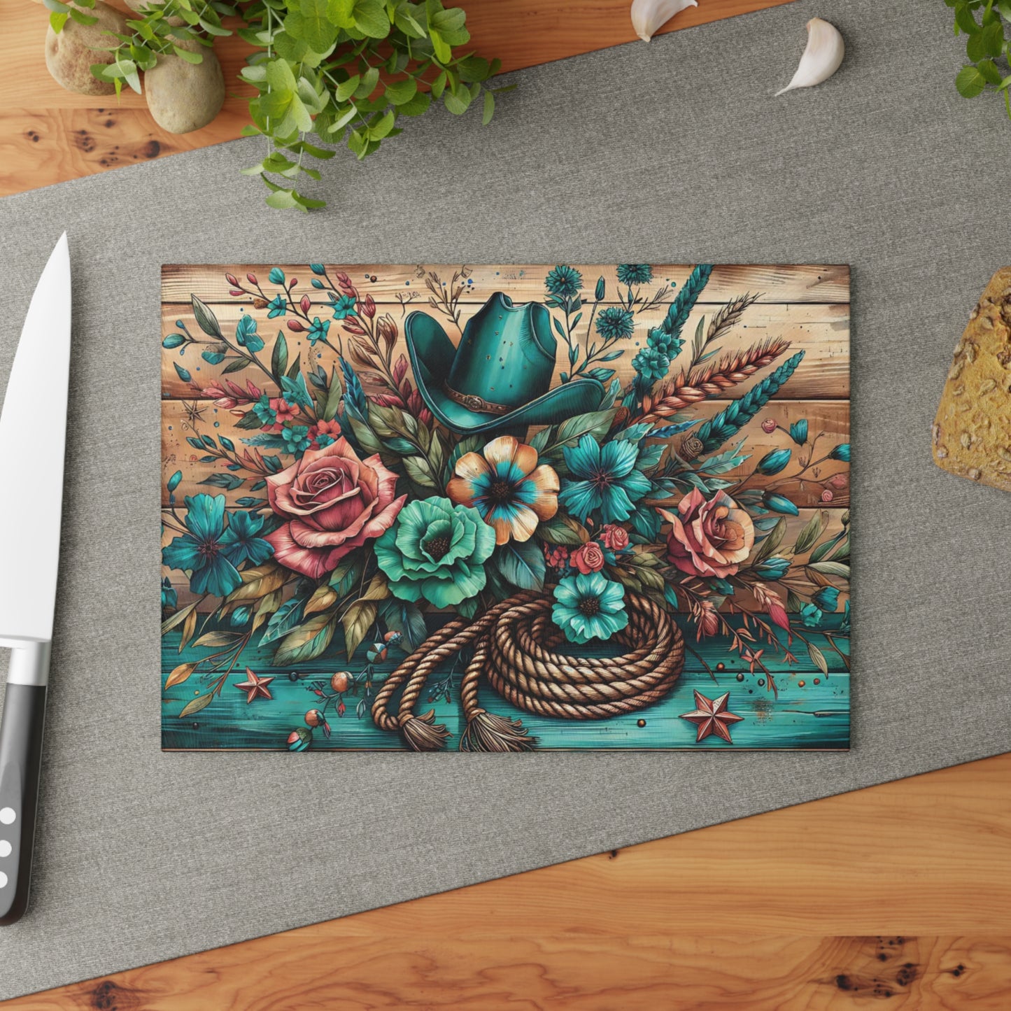 🤠 Western Cowboy Hat, Rope & Floral Rustic Cutting Board – Country Charm Kitchen Décor