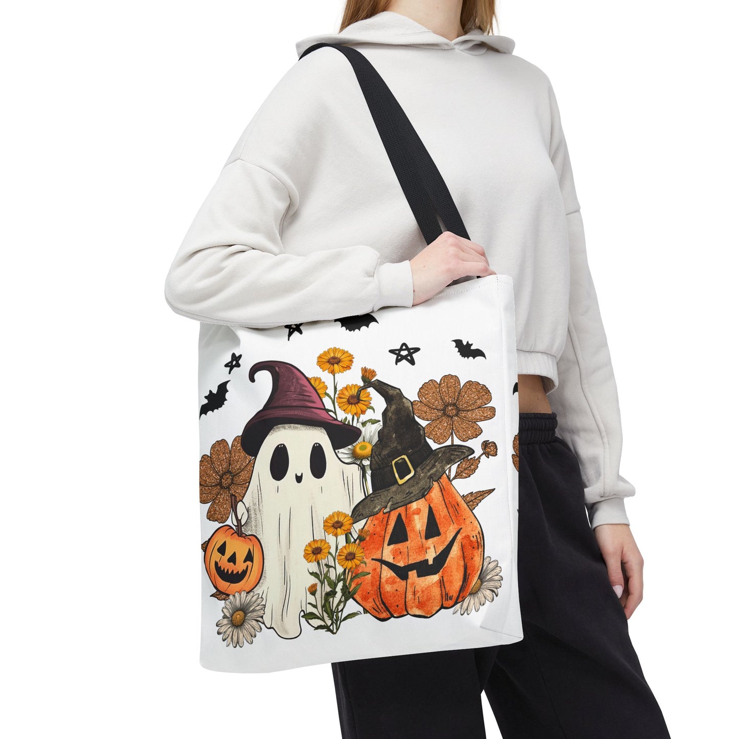 🎃 Ghost & Pumpkin Floral Tote Bag – Whimsical Halloween Charm 👻👜
