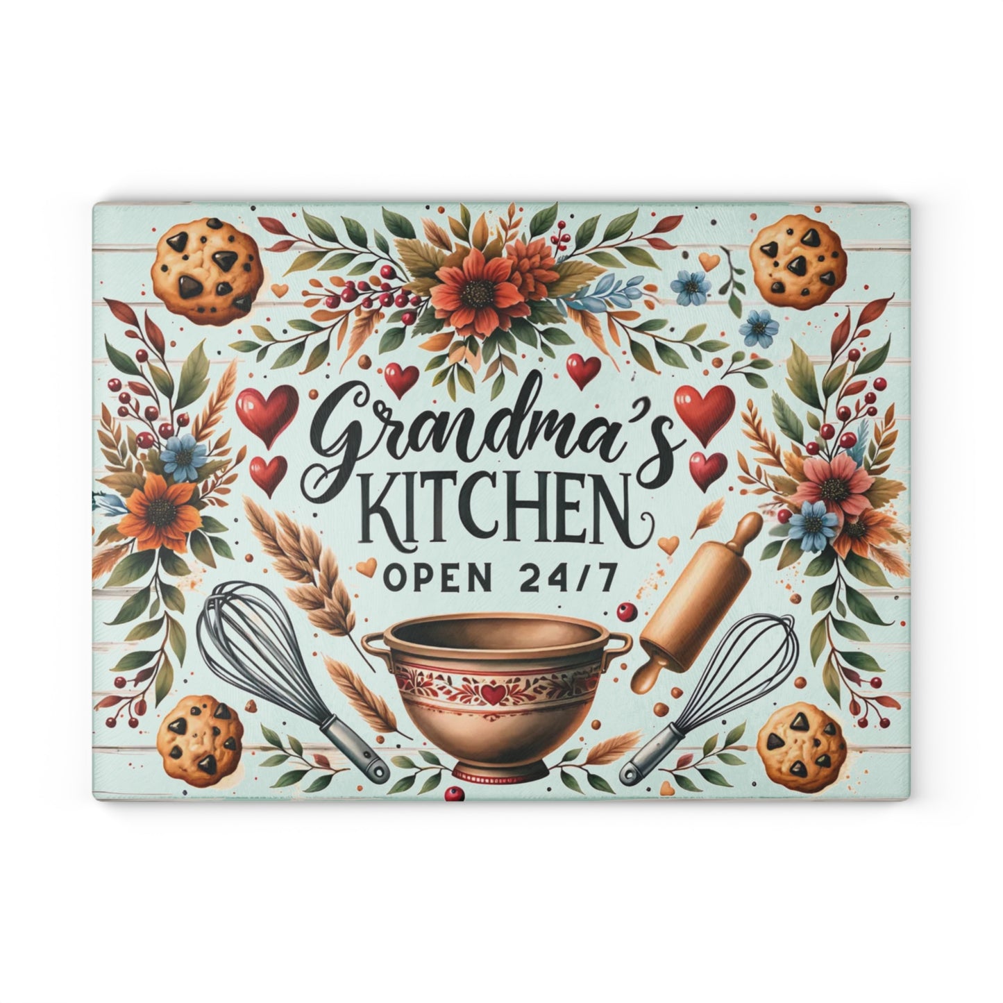 🍪❤️ Grandma’s Kitchen Cutting Board – Whimsical Farmhouse Charm with Cookies & Flowers 🌻🥣