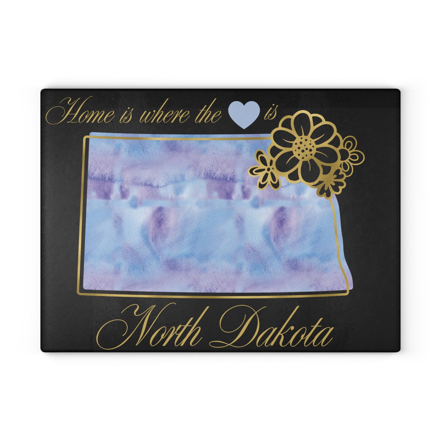 💙 North Dakota State Cutting Board – Soothing Blues with Prairie Heart Charm