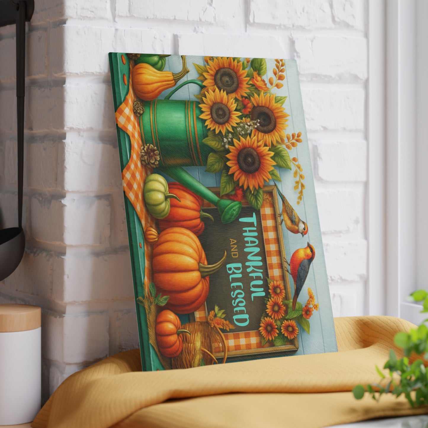 🍂🌻 “Thankful & Blessed Harvest” Tempered Glass Board – Sunny Fall Kitchen Cheer
