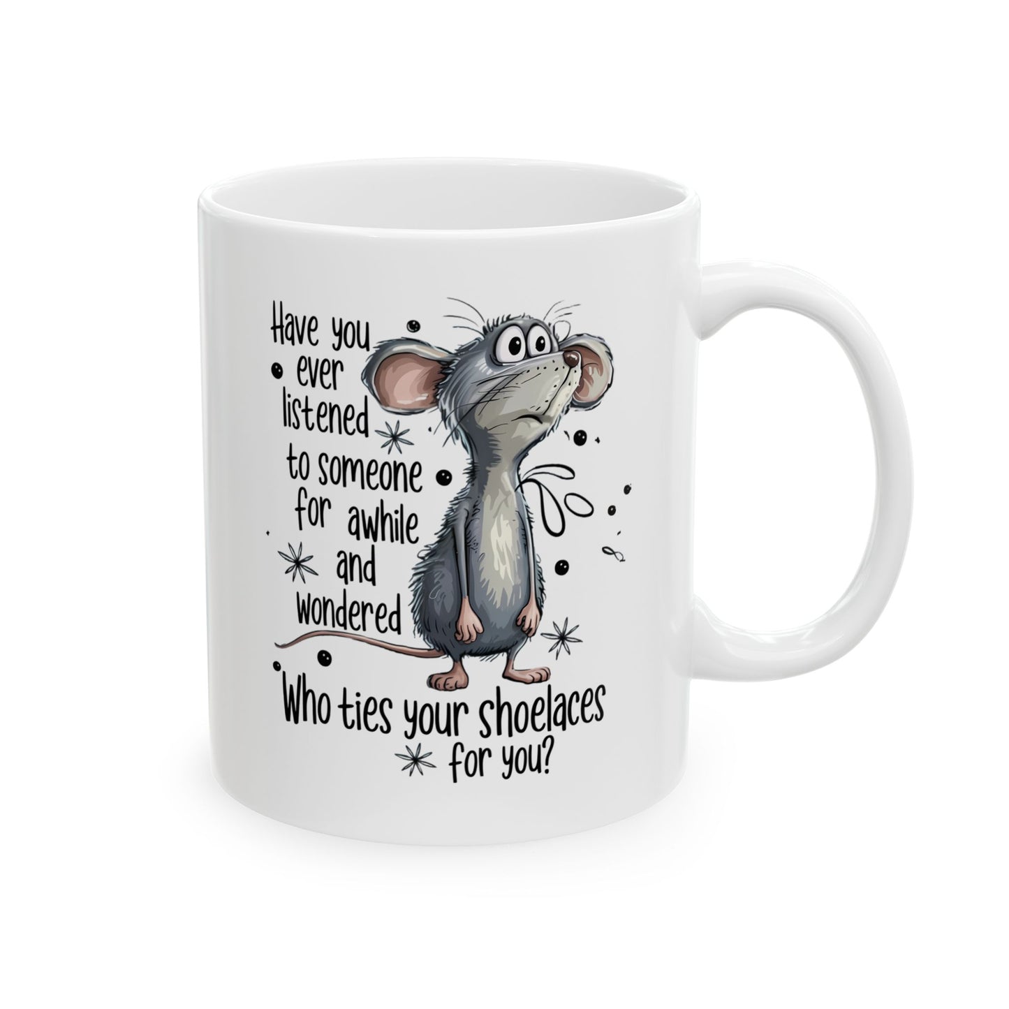 ¿Quién te ata los cordones? – Taza de café con un ratón divertido para amantes de los animales 🧵