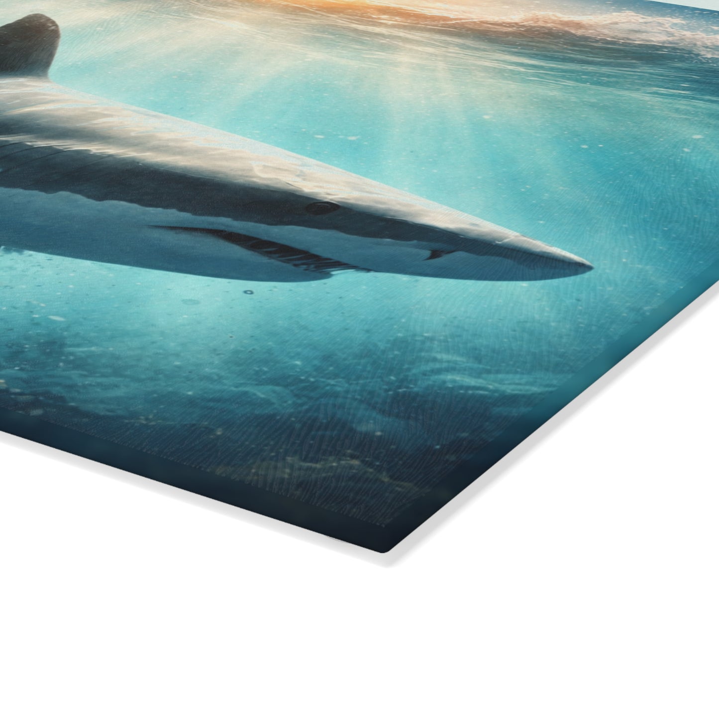 Ocean Guardian Glass Cutting Board – Majestic Shark in Sunlit Blue Waters
