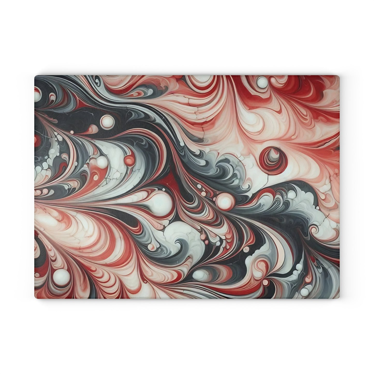 Tabla de cortar de vidrio con diseño de mármol rojo, negro y blanco: decoración de cocina moderna inspirada en el mármol, un regalo elegante y funcional.
