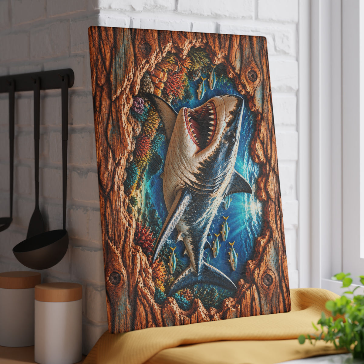 Great White Shark Glass Cutting Board – Fierce Open-Mouth Shark, Tropical Coral Reef & 3D Carved Wood Look