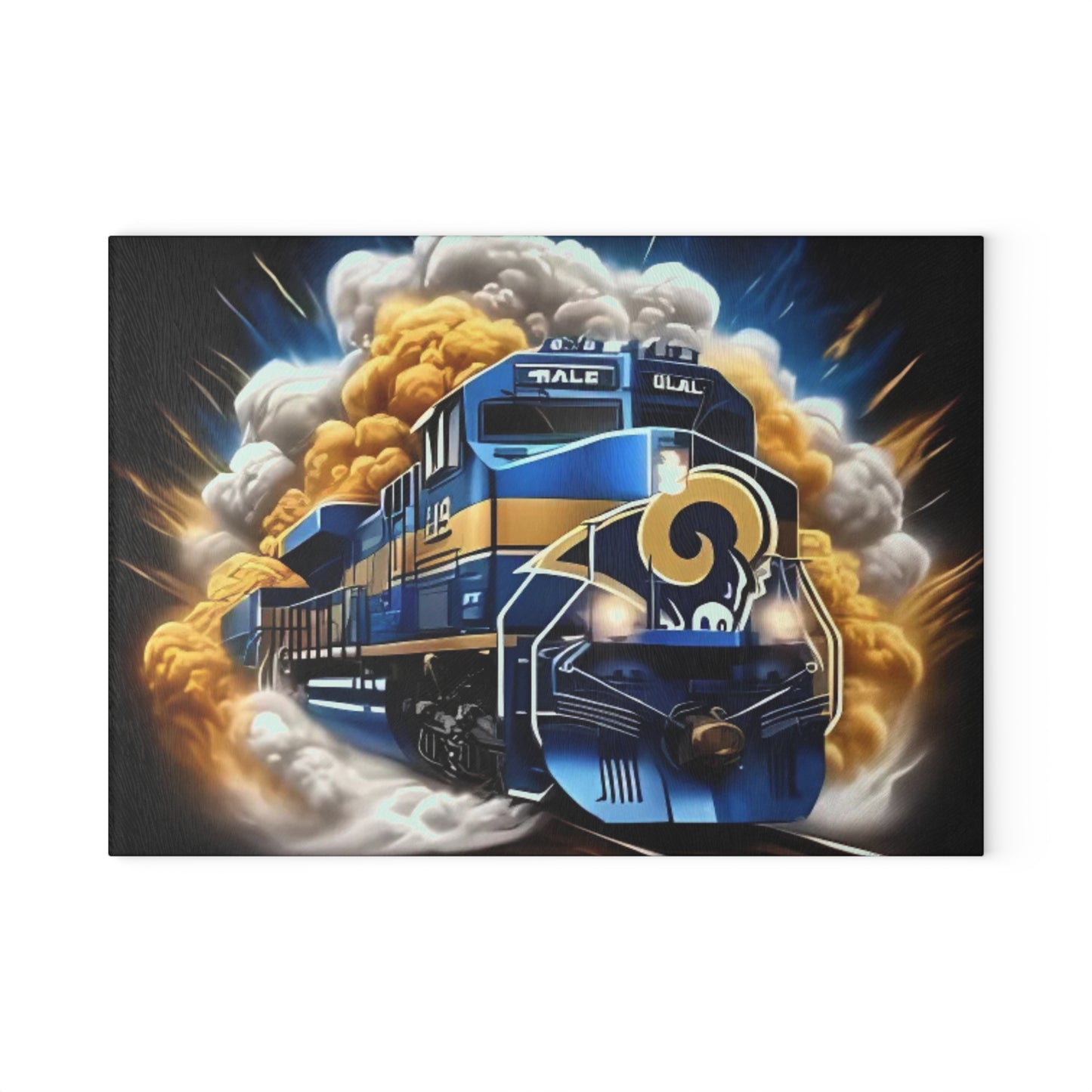 Tabla de cortar de vidrio Express en azul real y amarillo: arte ferroviario vibrante para cocinas brillantes y llamativas