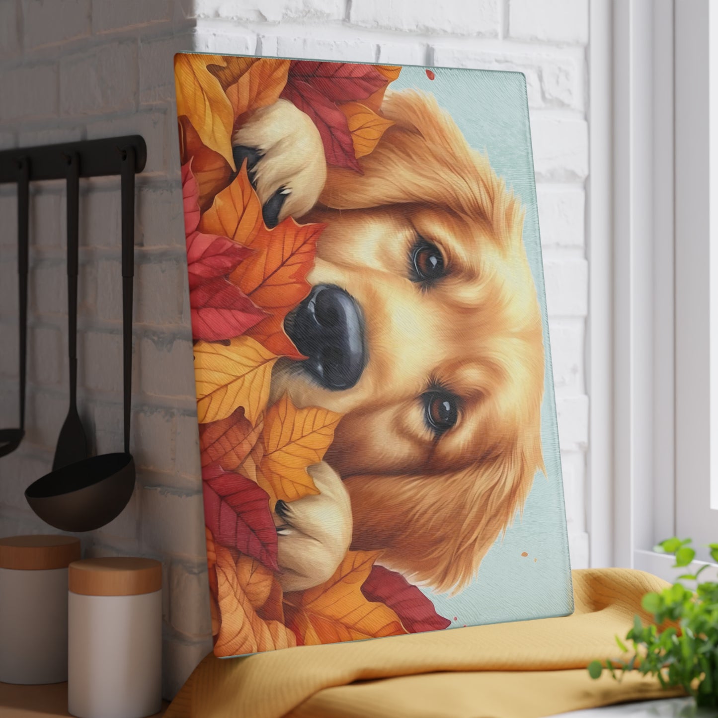 🍂🐾 Golden Retriever Autumn Leaves Cutting Board – Cozy Fall Kitchen Charm with Puppy Love 🐕🍁