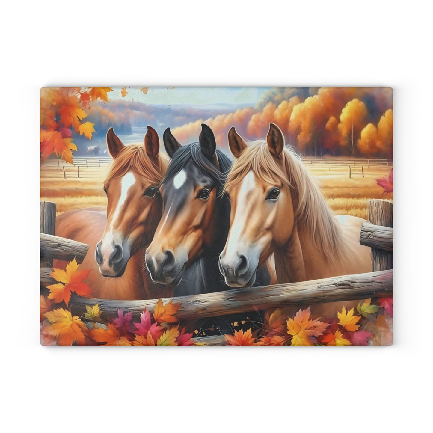 🐎🍂 Autumn Horses Glass Cutting Board – Rustic Country Charm for Your Kitchen 🍂🐎