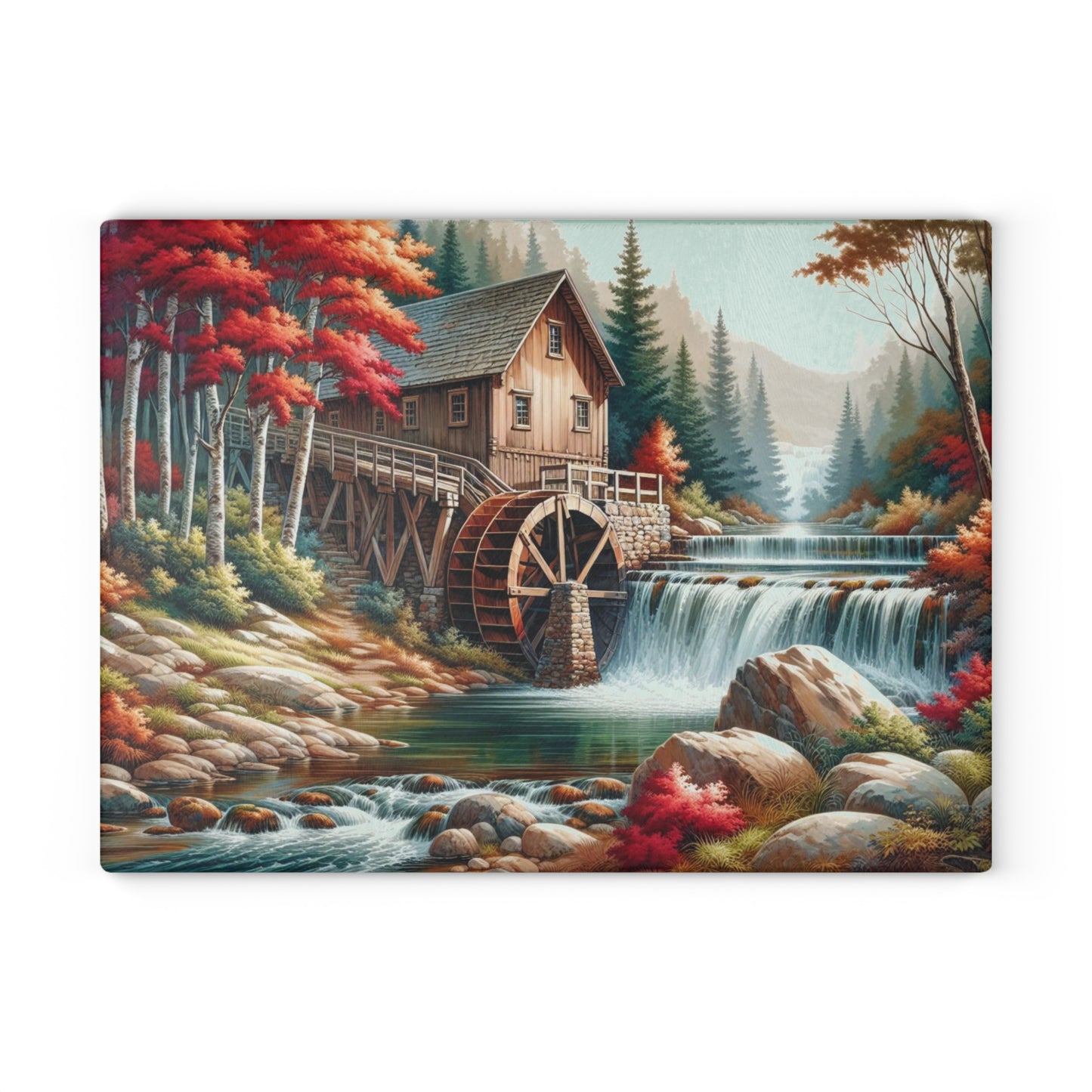 🍁 Autumn Watermill Cutting Board – Rustic Charm Meets Tranquil Fall Beauty