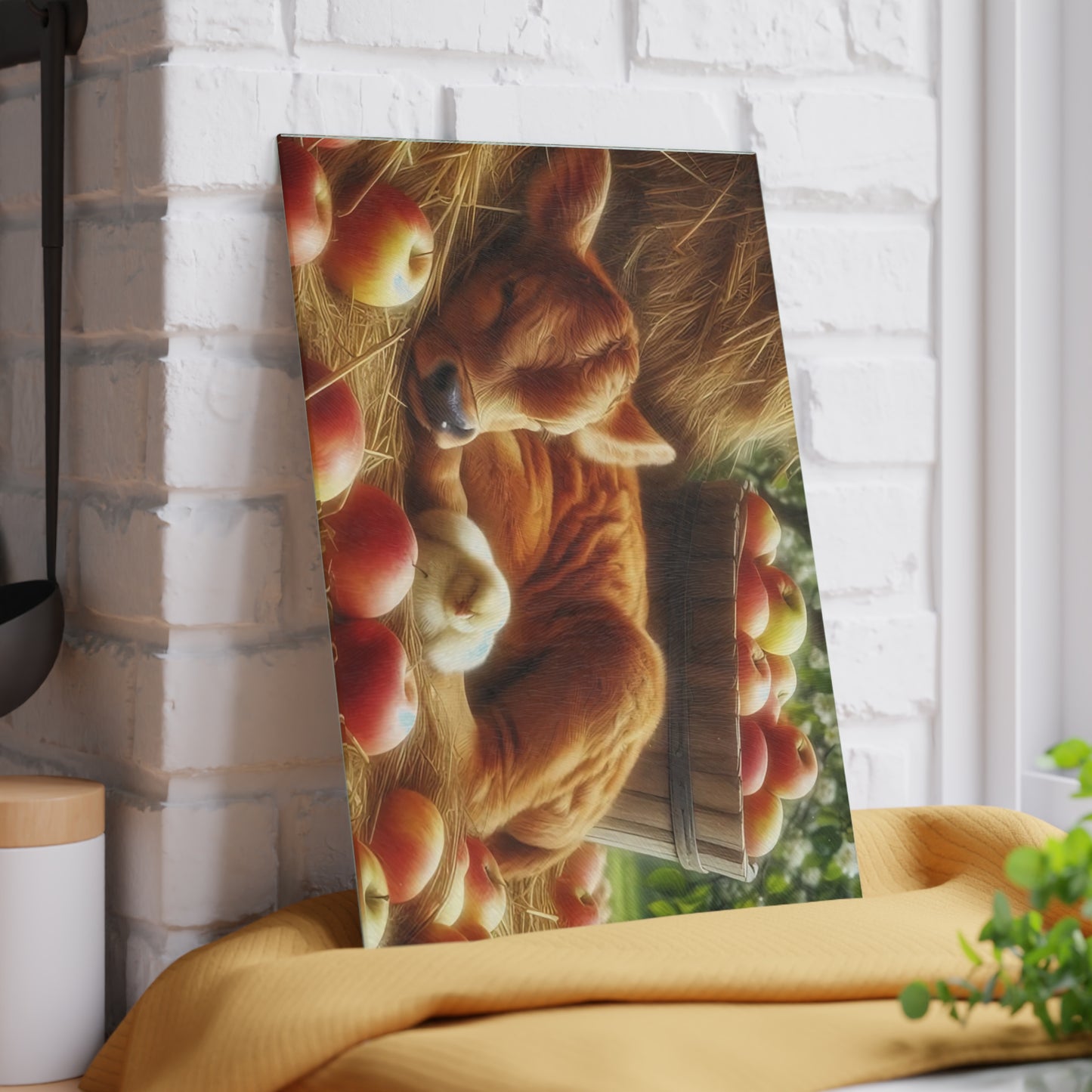 Tabla de cortar con diseño de vaca y pollito en heno con manzanas, regalo único, tabla de cortar de vidrio, tabla de charcutería, tabla de cortar personalizada