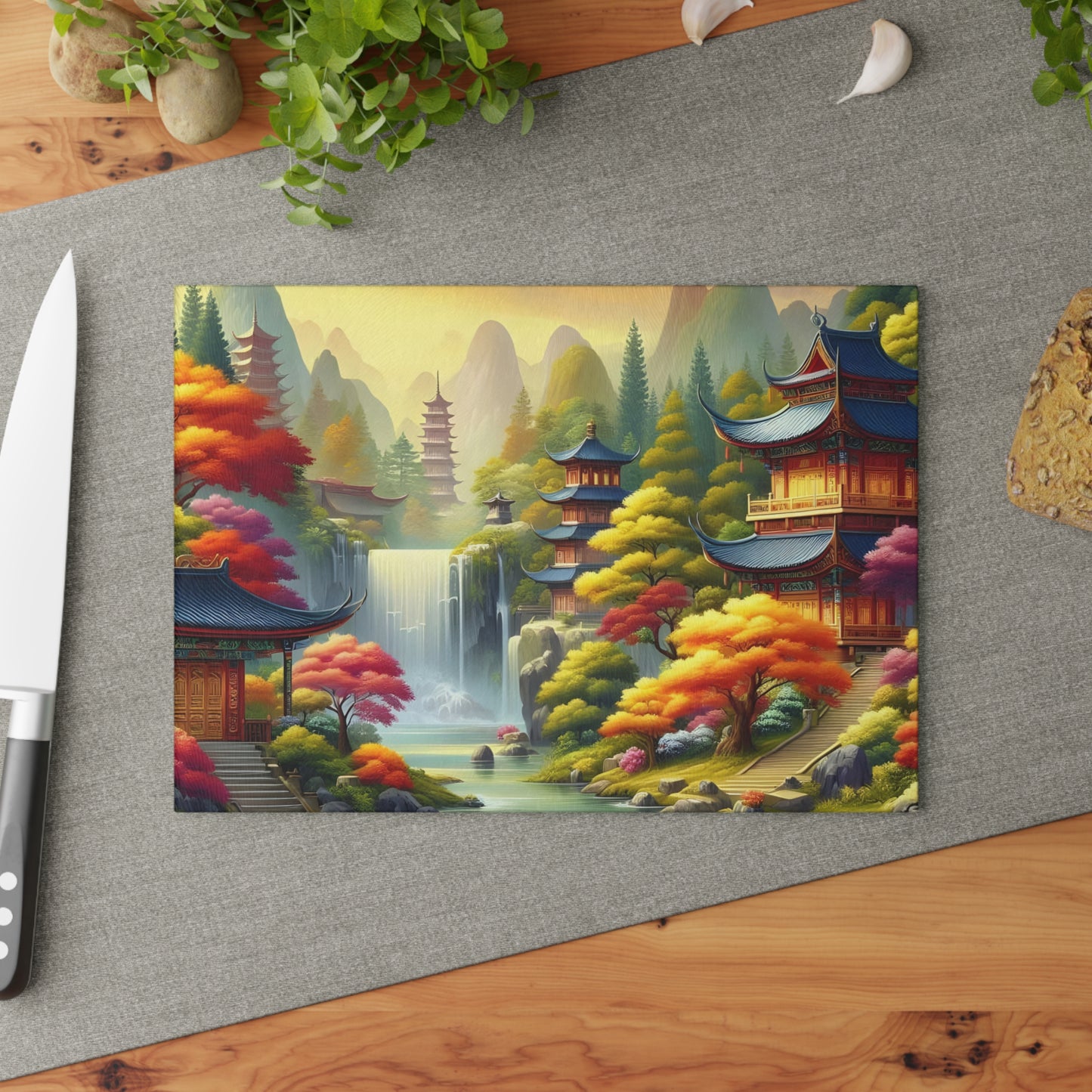 ๐๐ฏ Tranquil Pagoda Falls Cutting Board โ Serene Autumn Landscape Art ๐ฏ๐