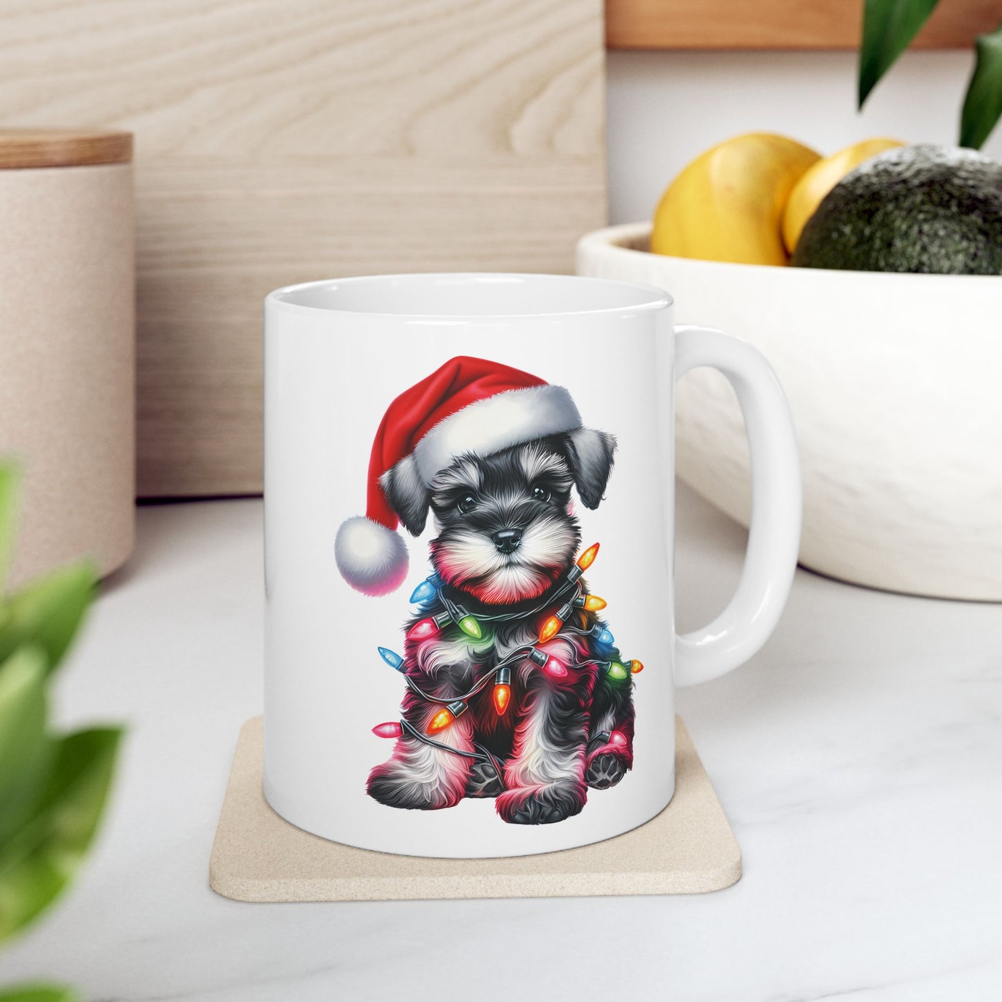 🎄 Miniature Schnauzer Christmas Mug – Holiday Cheer with a Pup in Lights 🐾