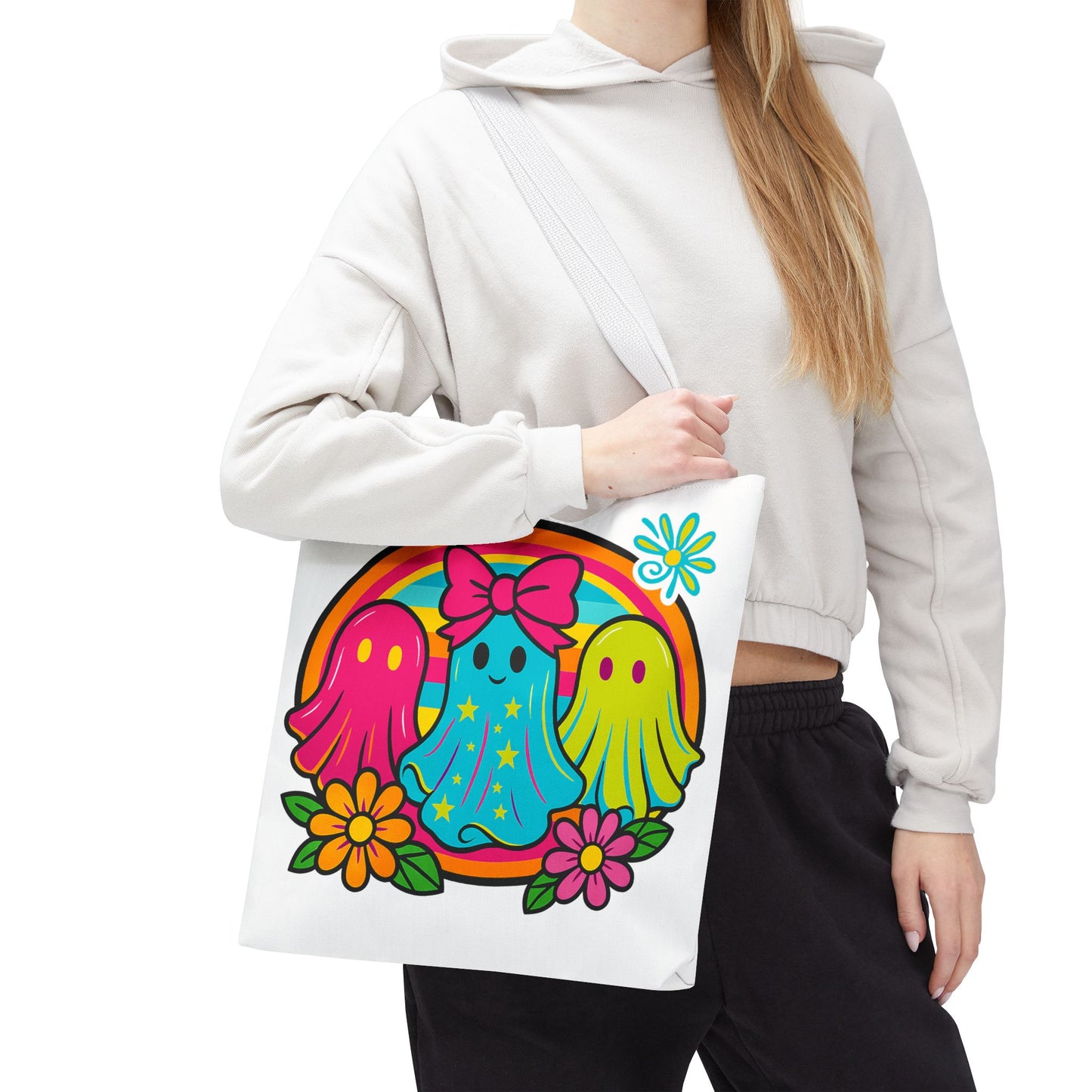 ๐ Retro Rainbow Ghosts Tote Bag โ Groovy Spooky Fun ๐ป๐