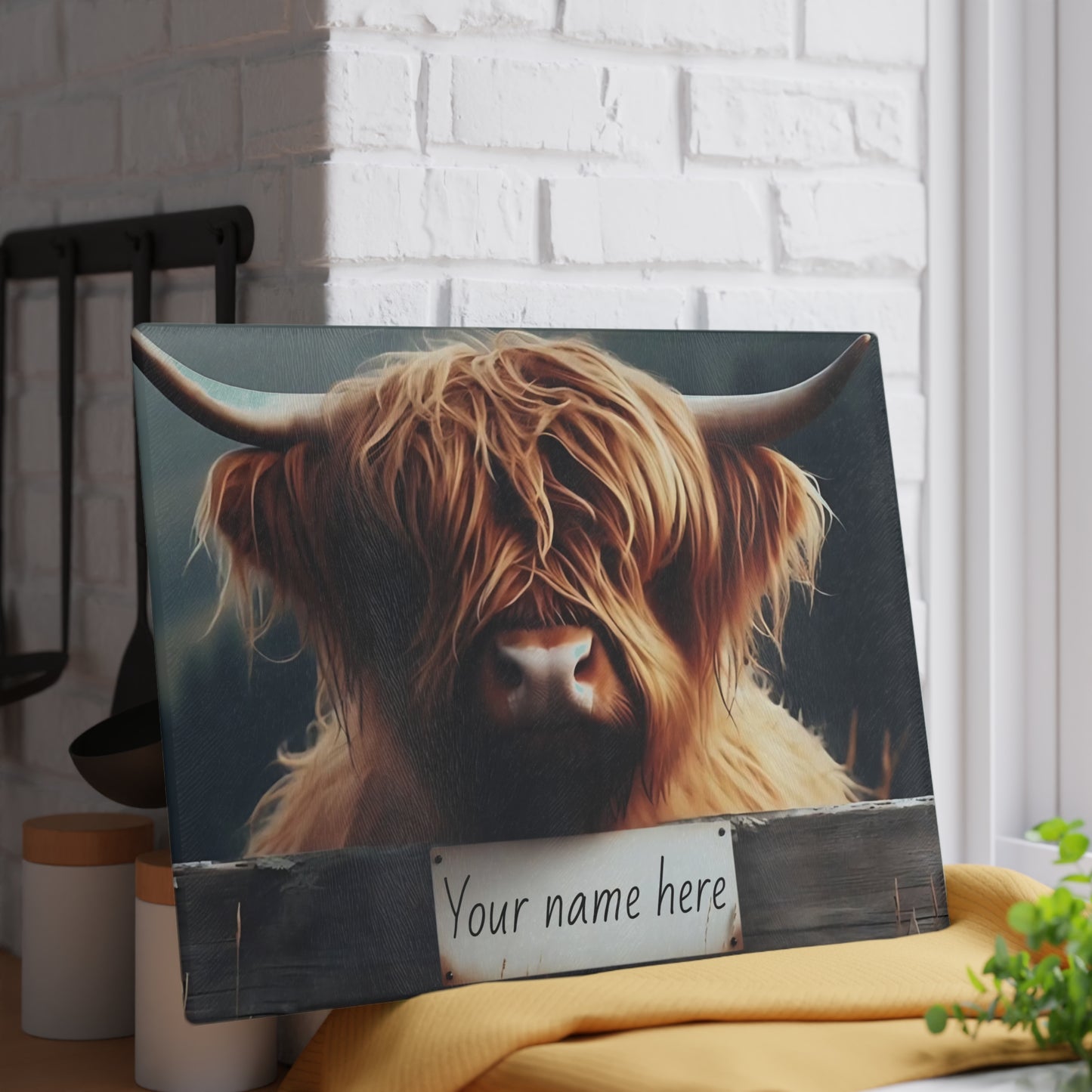 Highland Cow Over Fence Personalized Glass Cutting Board – Rustic Farmhouse Kitchen Decor, Glass Cutting Board – Western Farmhouse Decor, Country Kitchen Gift
