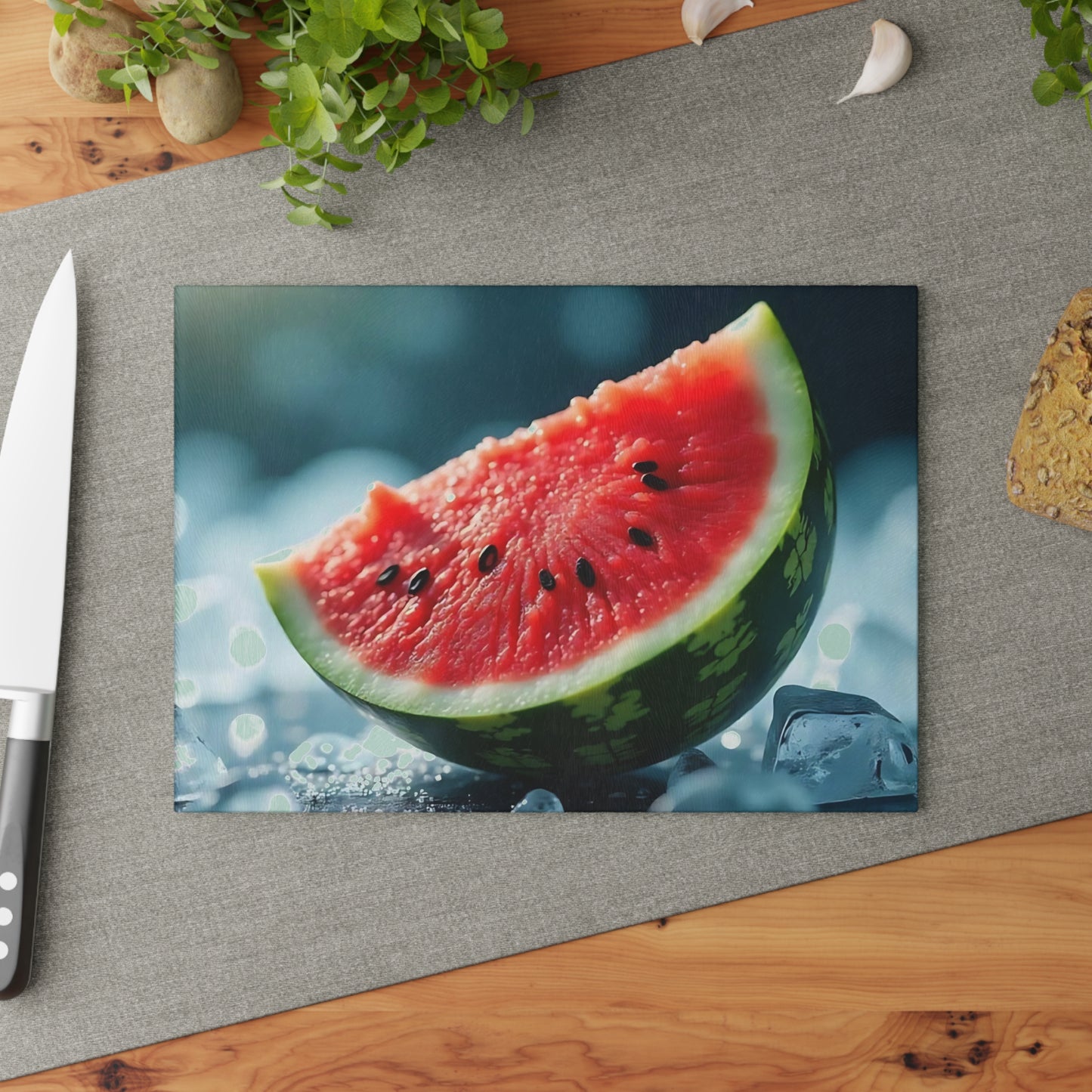 Tabla de cortar de vidrio con rodajas de sandía sobre hielo: una refrescante decoración de cocina de verano, un vibrante regalo con temática frutal.