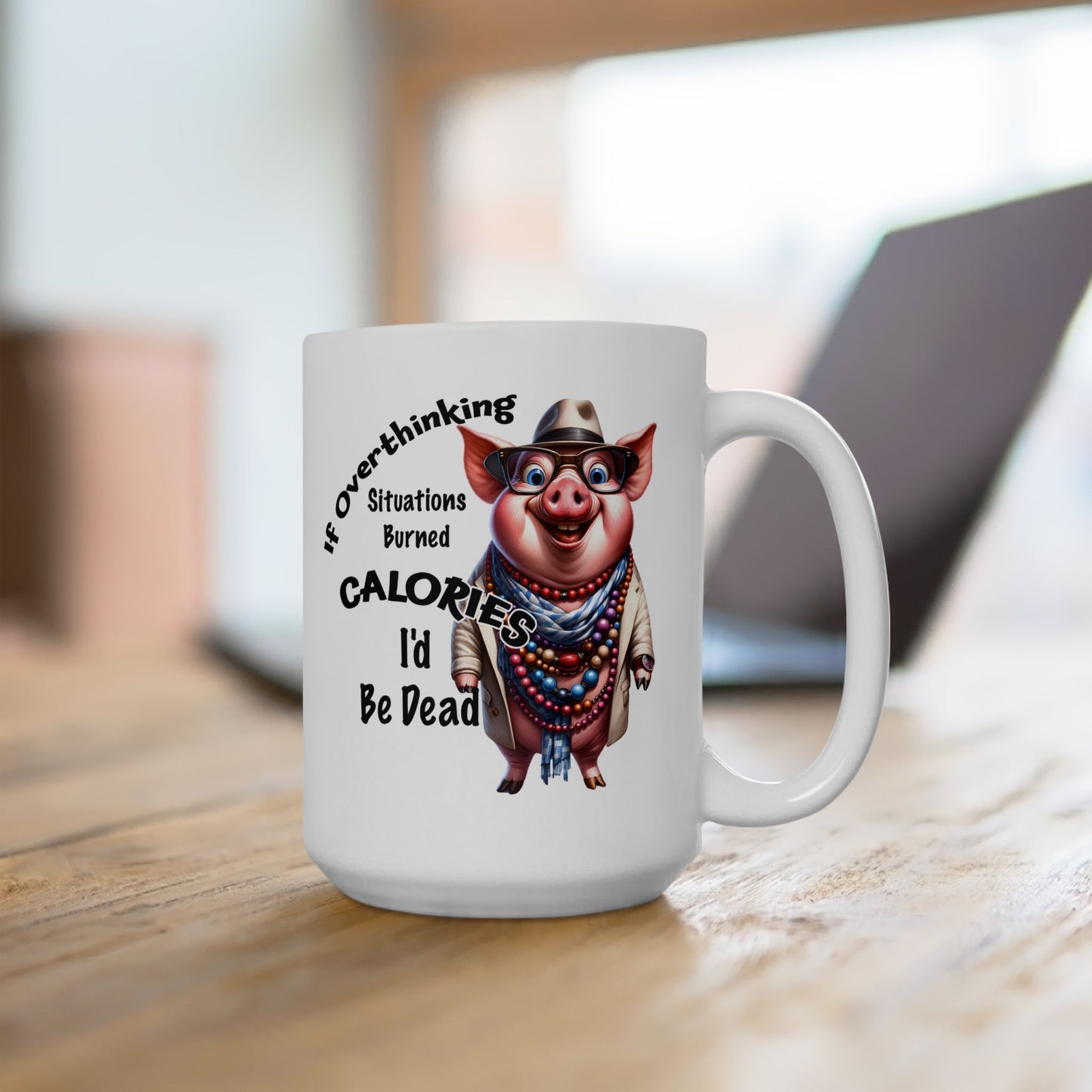 🐷 No cuento calorías – Taza de café con cerdito gracioso y cuentas 💎