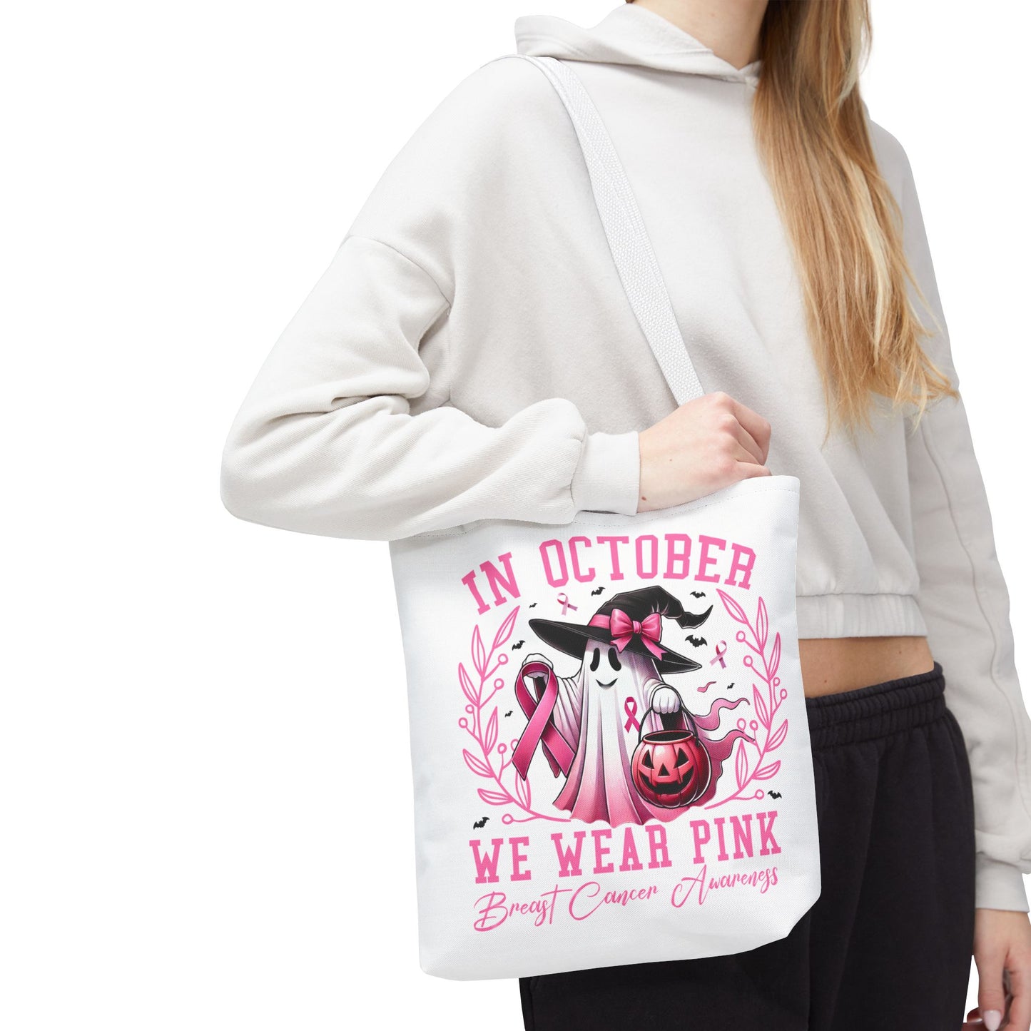 🎀 In October We Wear Pink Tote Bag – Breast Cancer Awareness with Spooky Charm 🎃