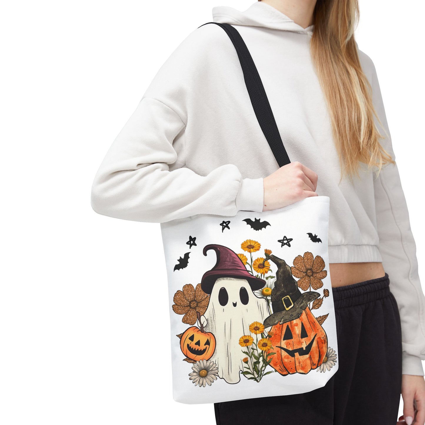 🎃 Ghost & Pumpkin Floral Tote Bag – Whimsical Halloween Charm 👻👜