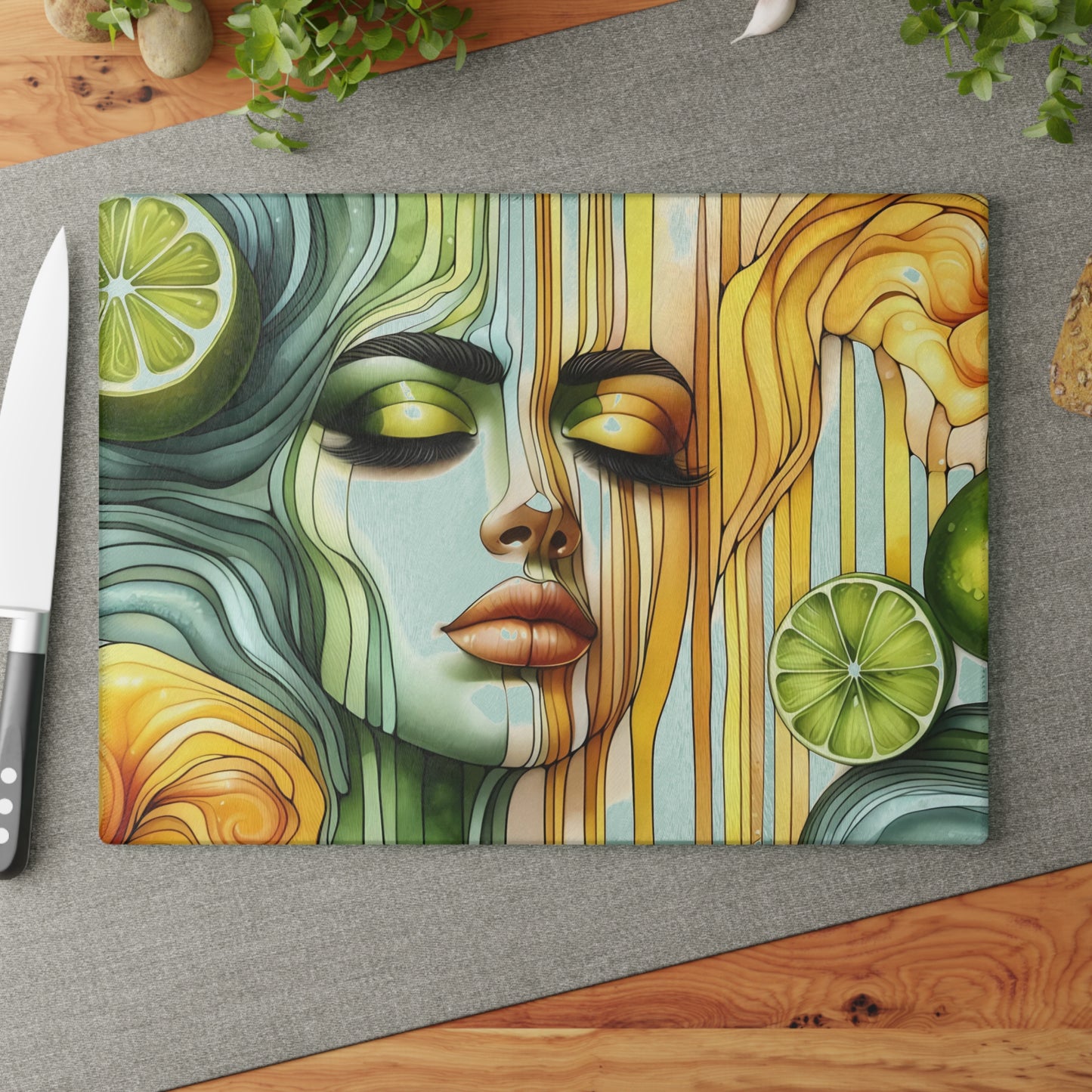 Tabla de cortar de vidrio con diseño de diosa de limón y lima: audaz, hermosa y refrescantemente única