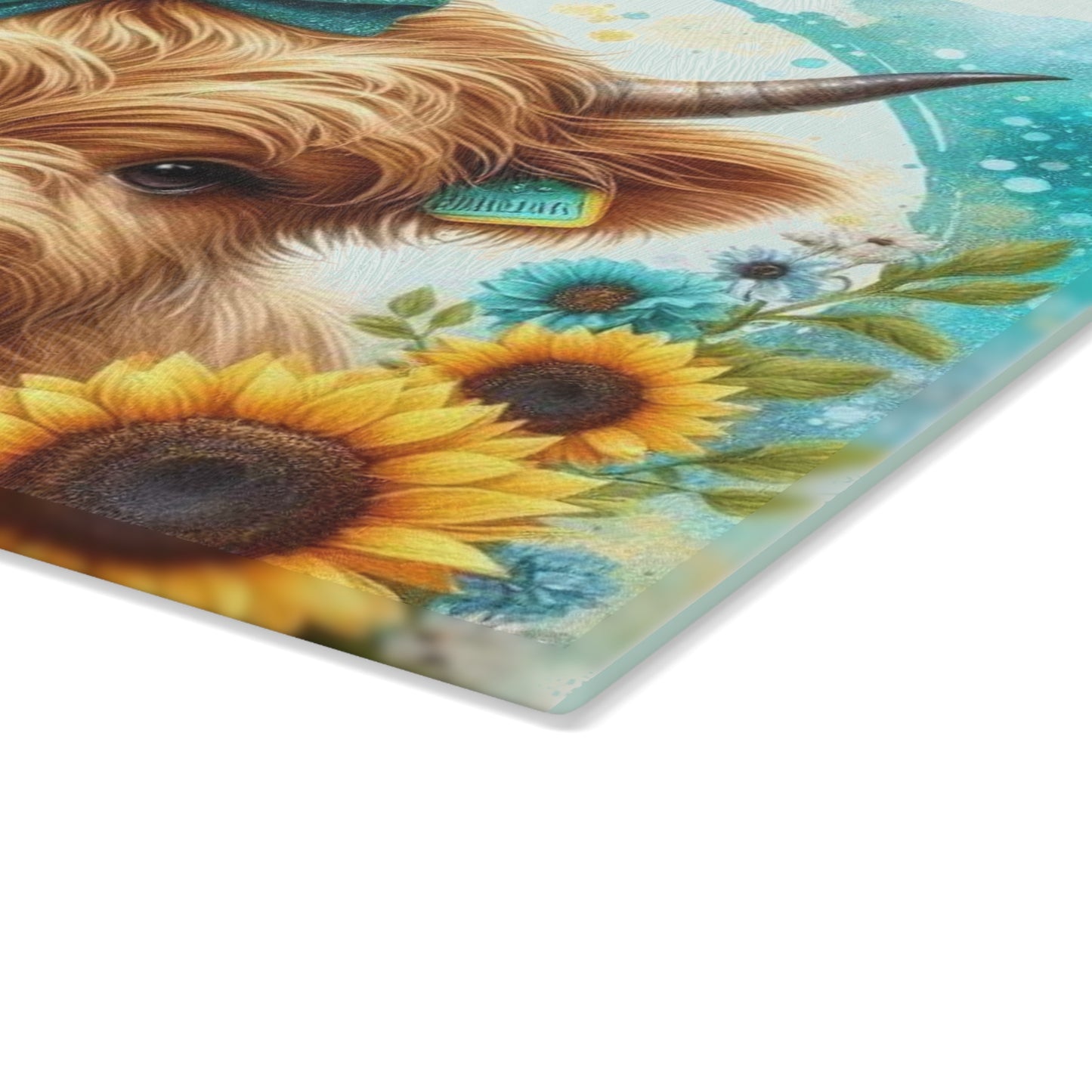 Tabla de cortar de vidrio con diseño de vaca de las Tierras Altas, lazo y girasoles