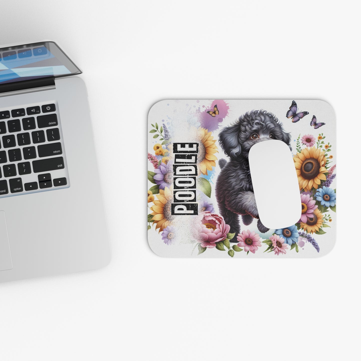 🖱️🐩🌸 Poodle Mouse Pad – Playful Black Poodle with Sunflowers & Florals (Charcoal)
