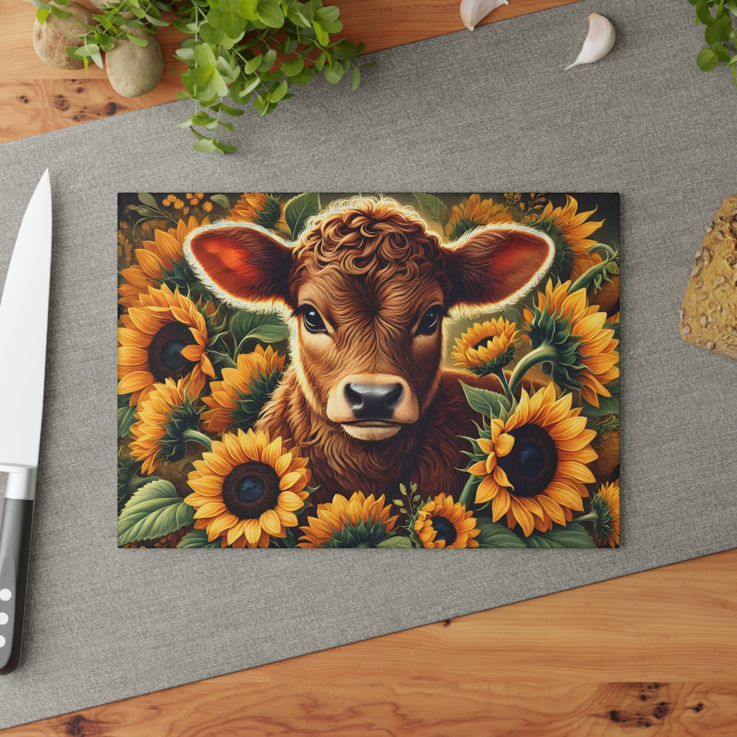 🌻 Sunflower Calf Cutting Board – Golden Blooms & Country Charm for Your Kitchen