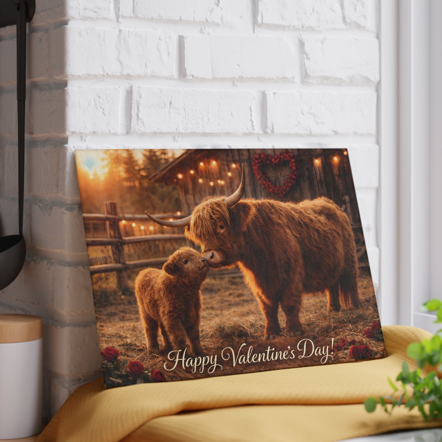 Valentine Highland Cow Mother & Calf Glass Cutting Board – Cozy Farmhouse Love Kitchen Decor