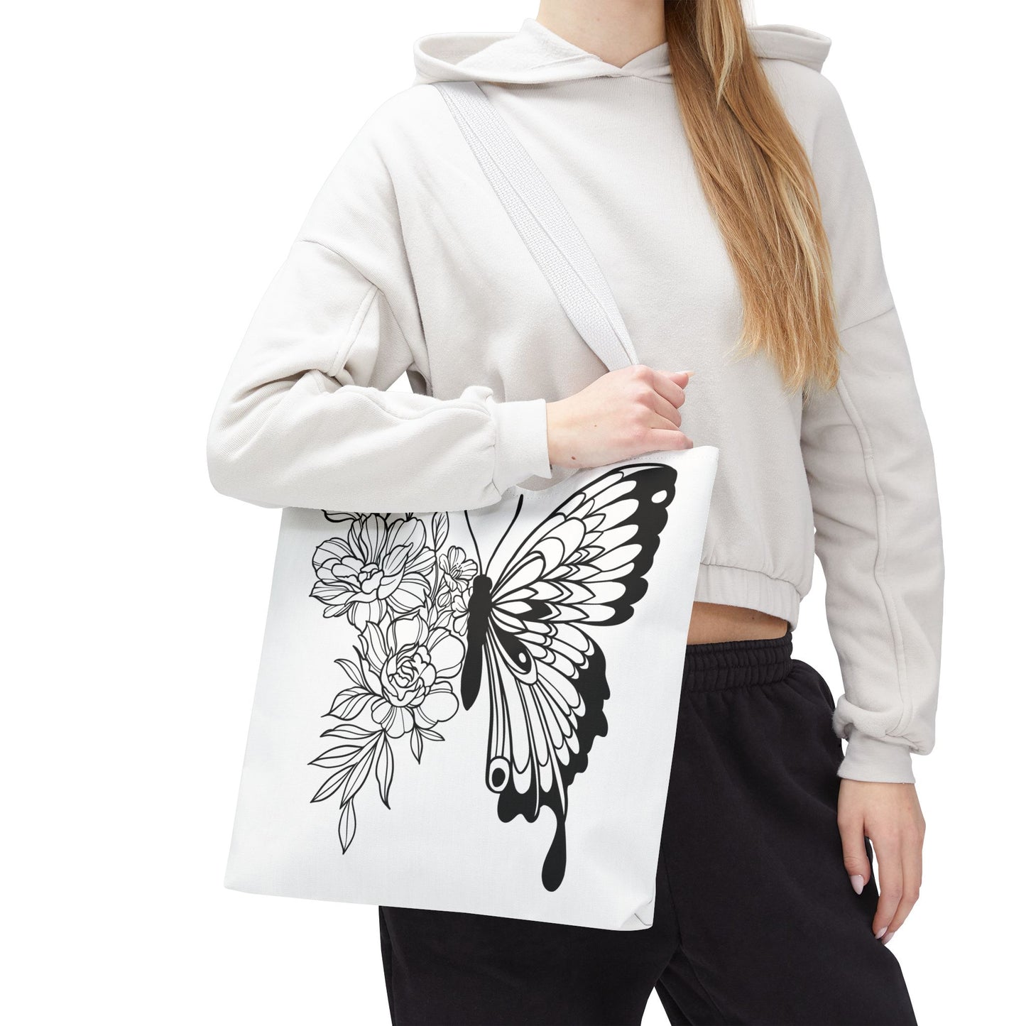 🦋 Black & White Butterfly Floral Tote Bag – Elegant Simplicity in Every Carry 🌸👜
