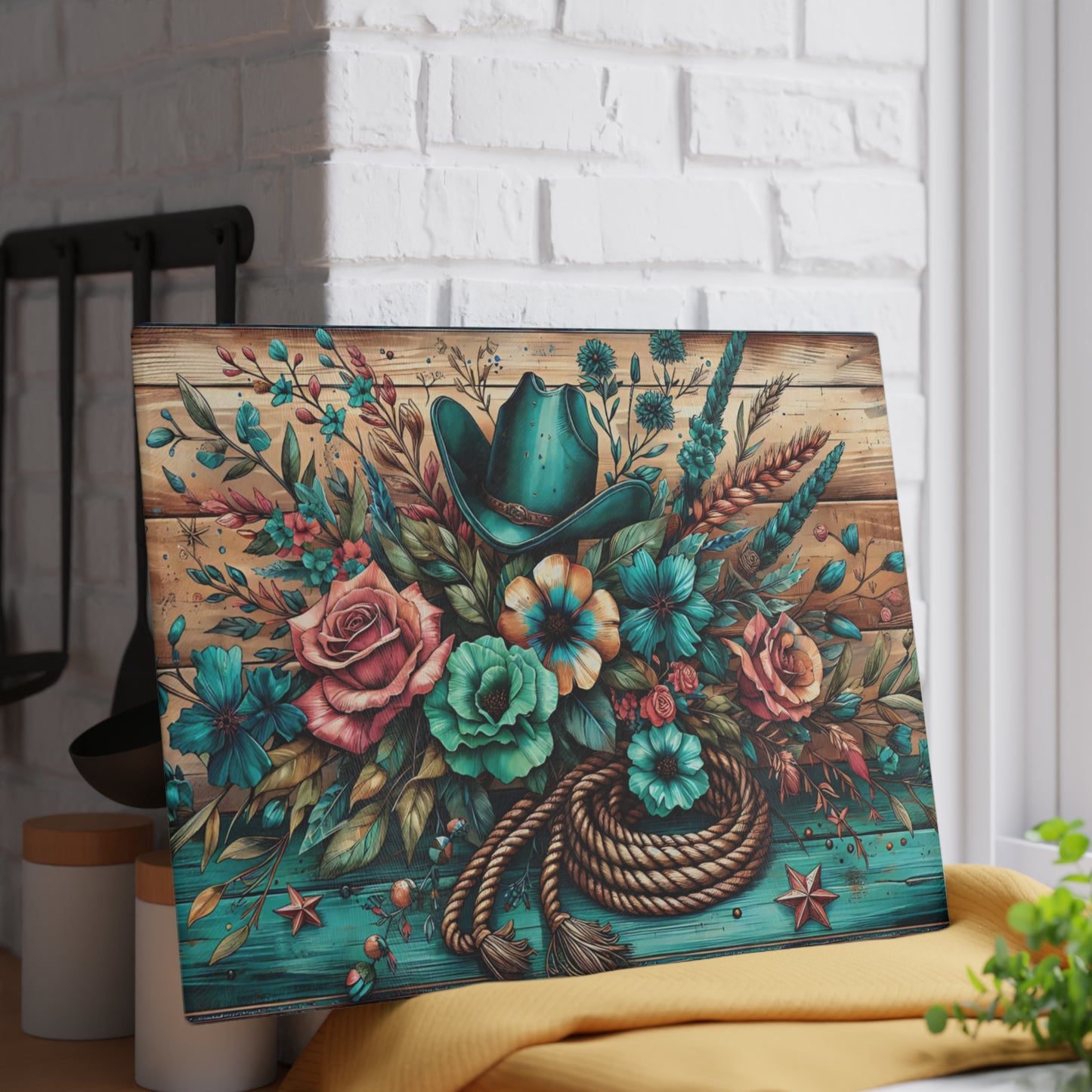 🤠 Western Cowboy Hat, Rope & Floral Rustic Cutting Board – Country Charm Kitchen Décor