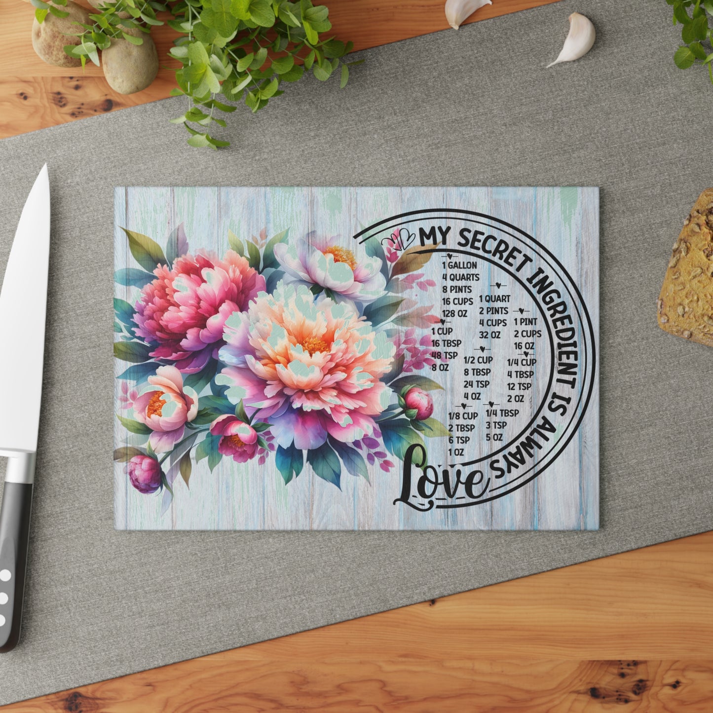 Tabla de cortar de vidrio «Mi ingrediente secreto siempre es el amor» – Tabla de conversión de cocina floral 🌿🍽️