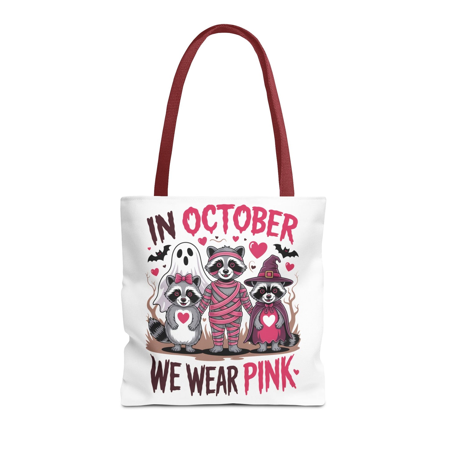 🎀 In October We Wear Pink Raccoon Halloween Tote Bag – Spooky Cute Awareness Style 🦝👜