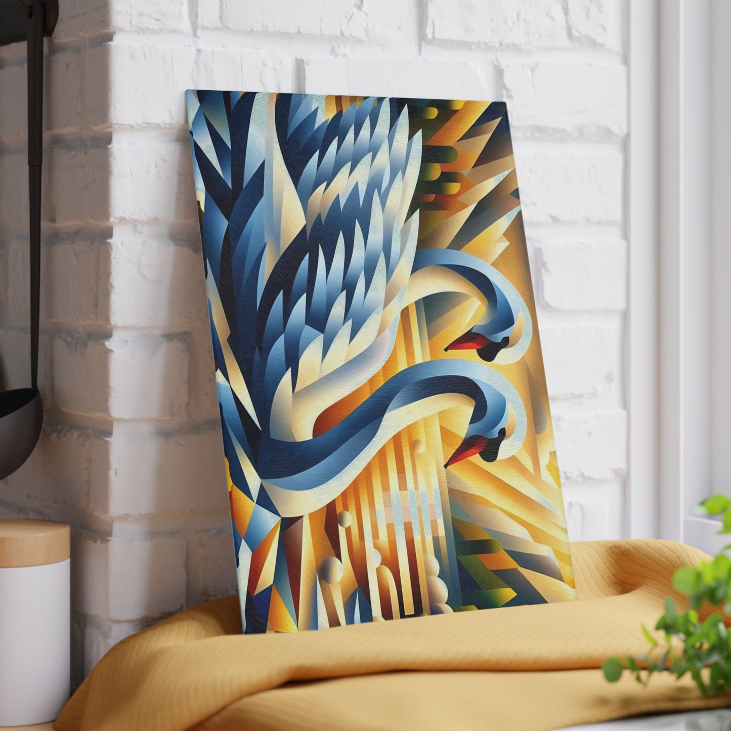Two Cubist Swans Glass Cutting Board – Artistic River Scene