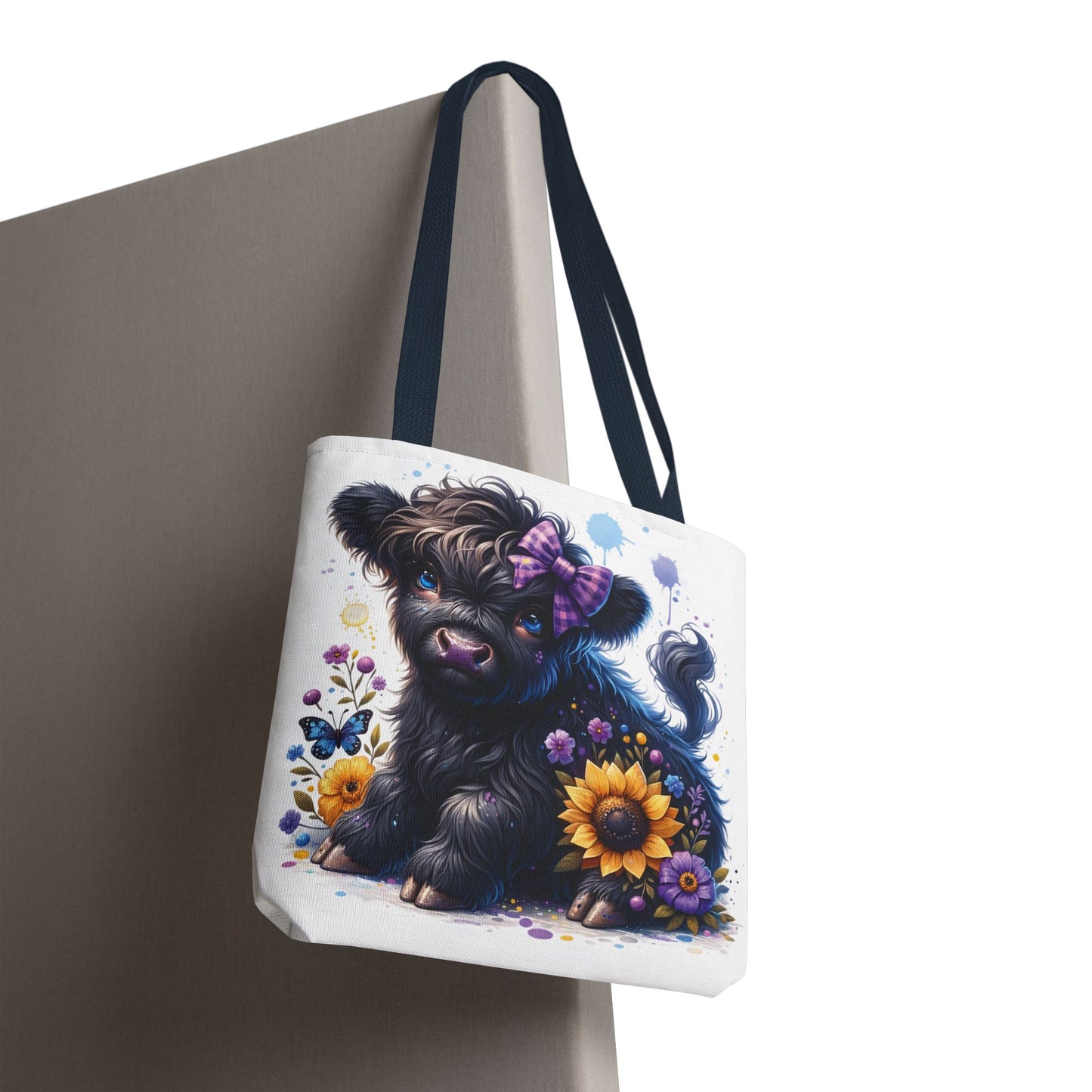 💜 Purple Bow Black Highland Calf Tote Bag – Country Charm with a Pop of Color 🐮👜