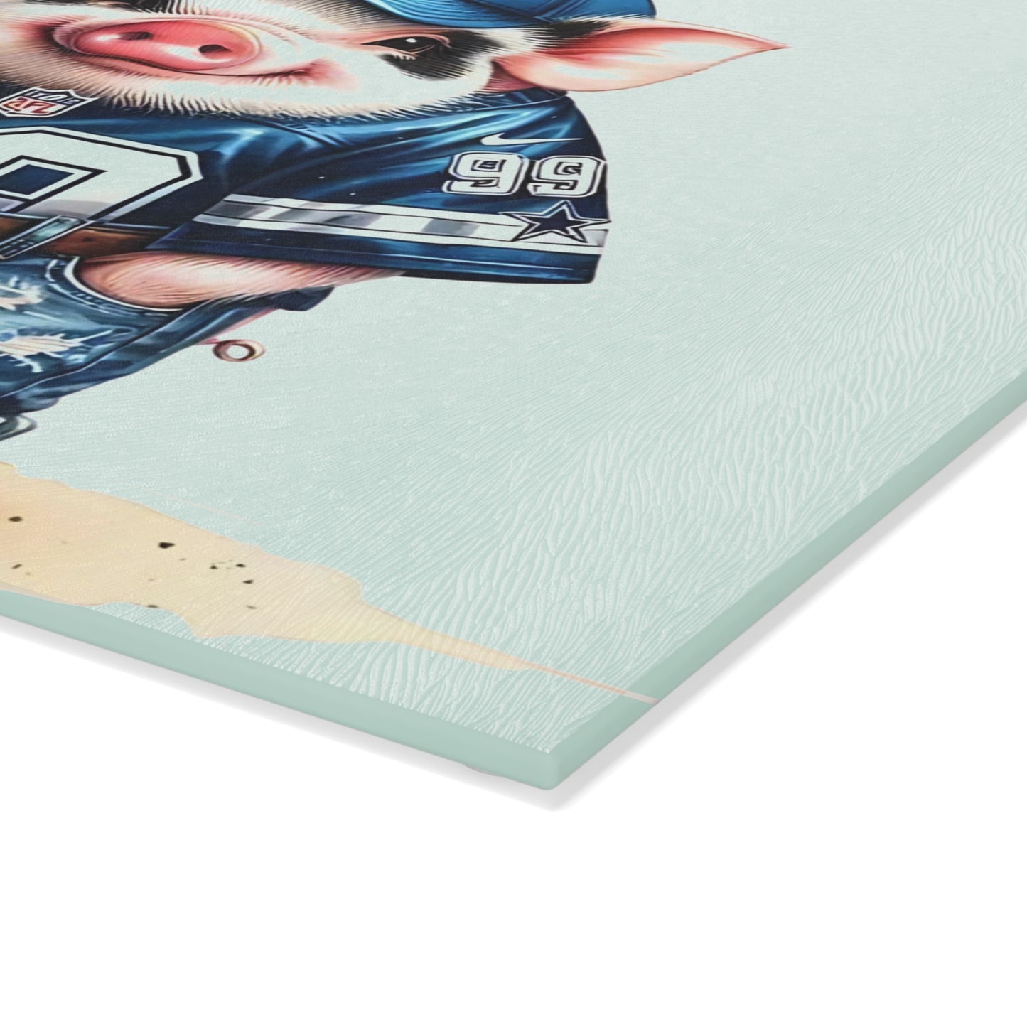 Tabla de cortar de vidrio con diseño de cerdo Jersey azul y blanco: divertida tabla de charcutería con estilo sureño