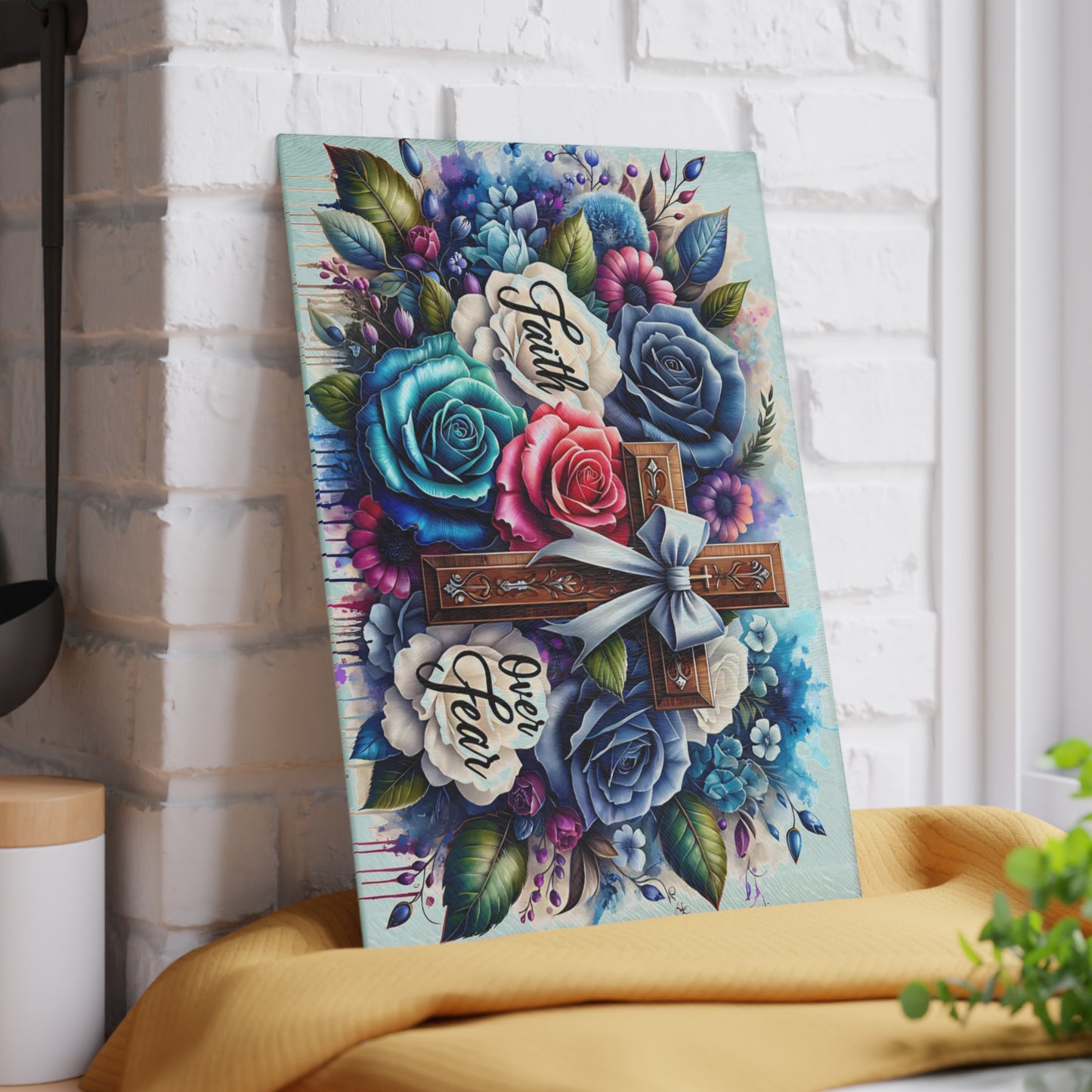 ✝️ Faith Over Fear Floral Cross Cutting Board – Christian Kitchen Inspiration with Roses & Watercolor Style