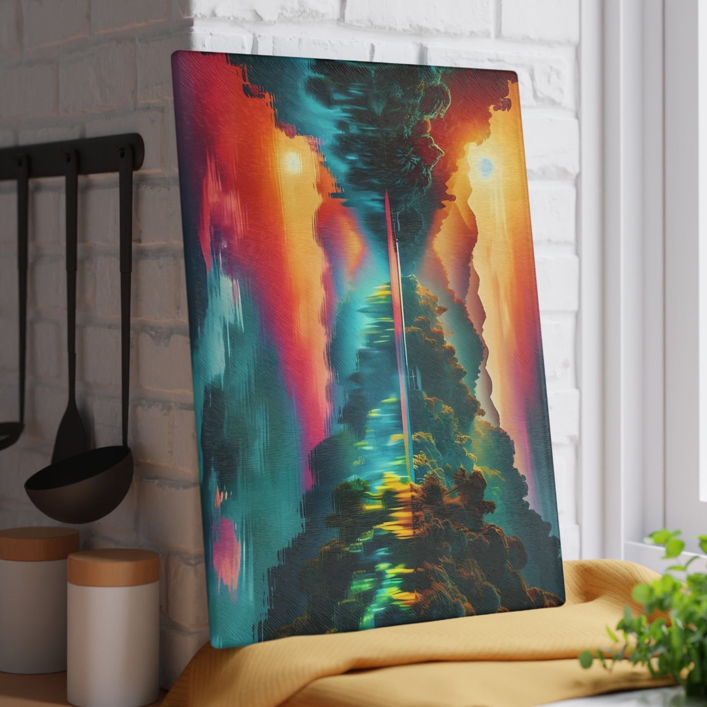 Tabla de cortar de vidrio con brillo de atardecer en la jungla: un escape tropical vibrante para tu cocina