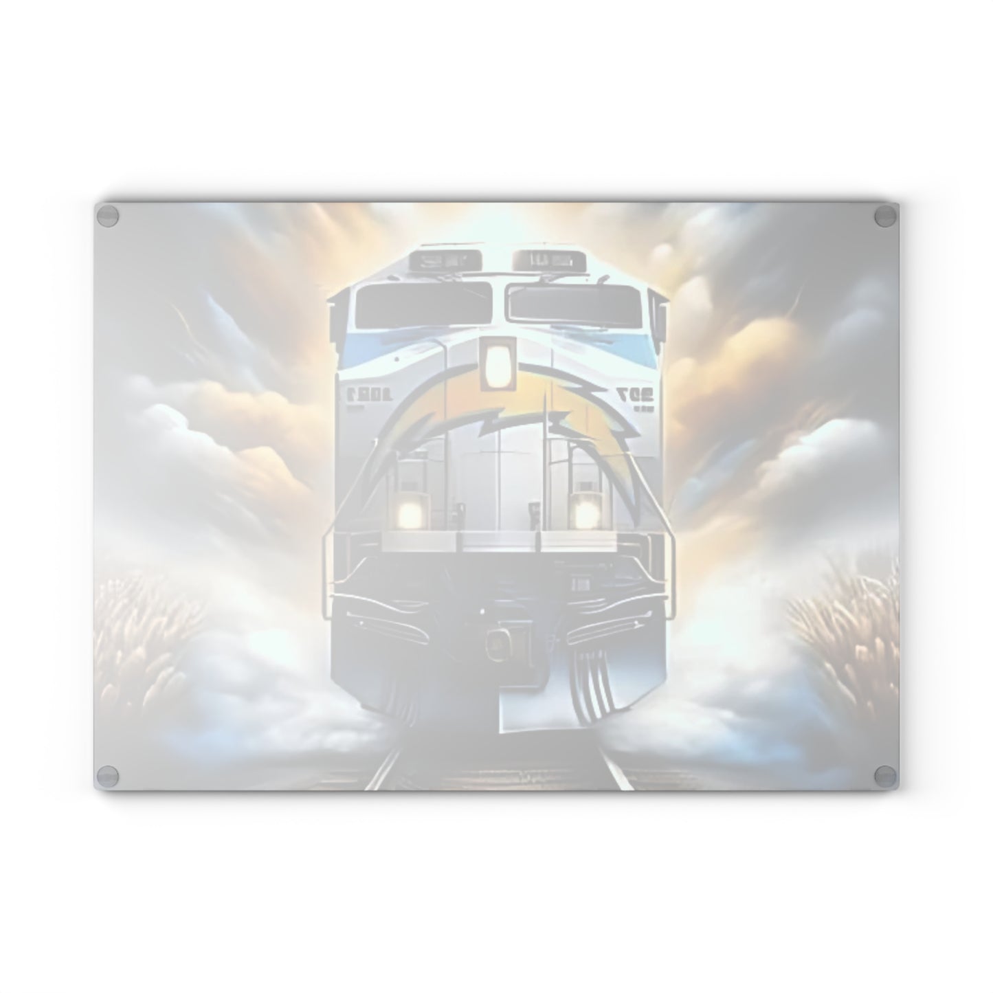 Tabla de cortar de vidrio Express en azul pálido y amarillo: arte de tren eléctrico para cocinas luminosas y llenas de energía