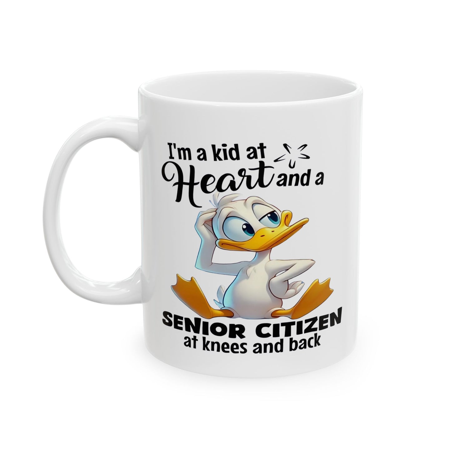 Taza de café divertida con forma de pato “Niño de corazón”: ¡humor para envejecer con gracia!