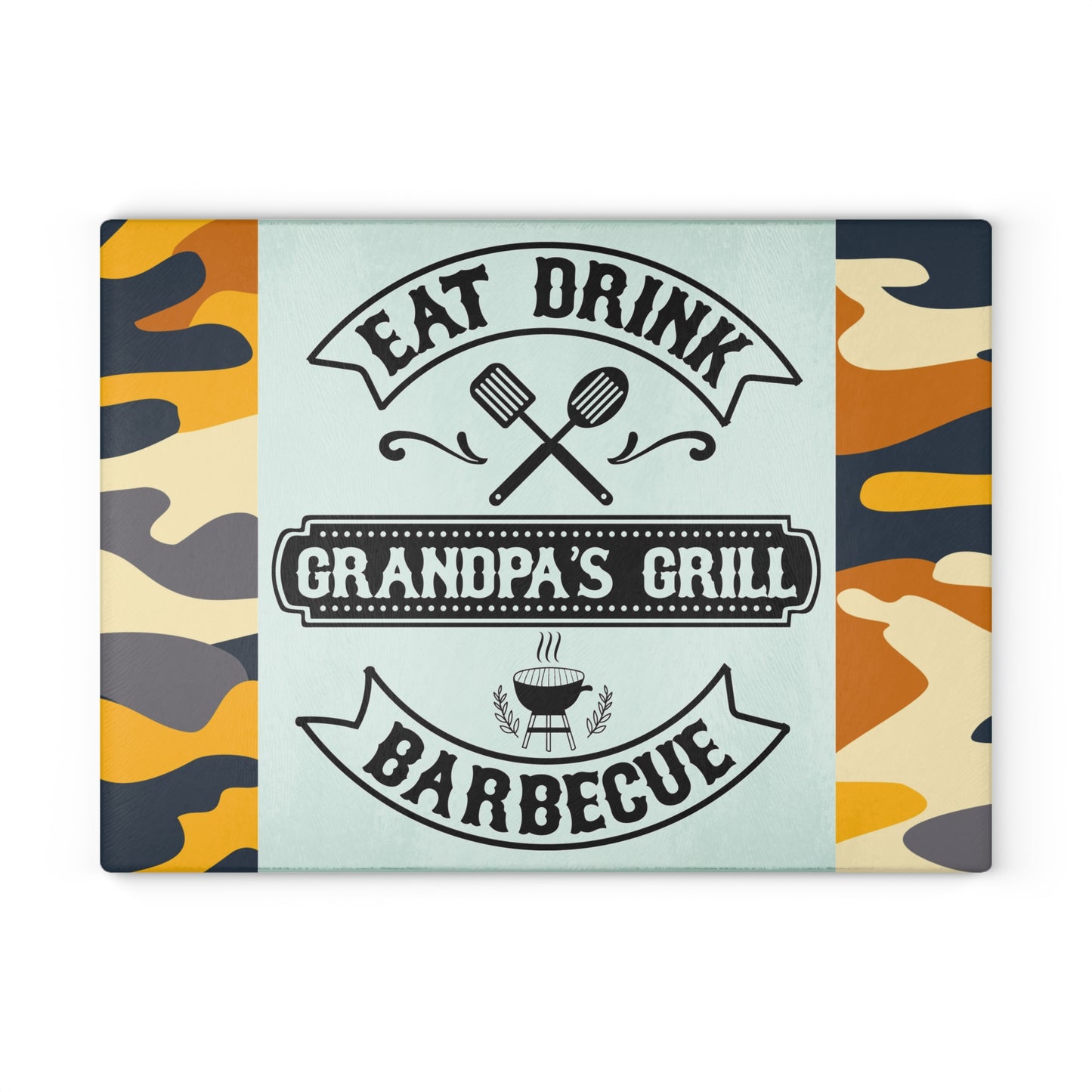 🔥 COMER BEBER BARBACOA A LA PARRILLA DEL ABUELO – Tabla de cortar de vidrio con diseño de camuflaje para los reyes del patio trasero 🧢🍔
