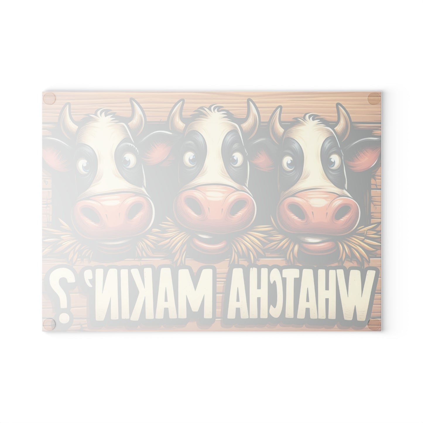 Tabla de cortar de vidrio "¿Qué haces?" – Humor de cocina con una vaca de dibujos animados 🧄🥕